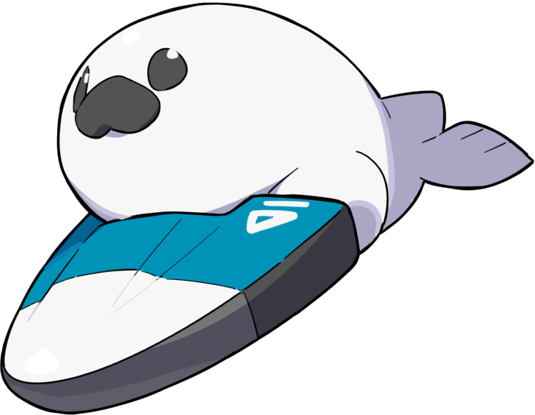A cartoon fish with a white body, gray tail, and big black eye, resting on a blue and black hoverboard.