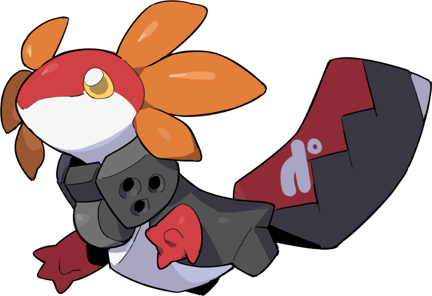 A stylized Pokémon character with a red and white head, orange petal-like appendages, wearing a black outfit with red gloves and a large red and black tail.