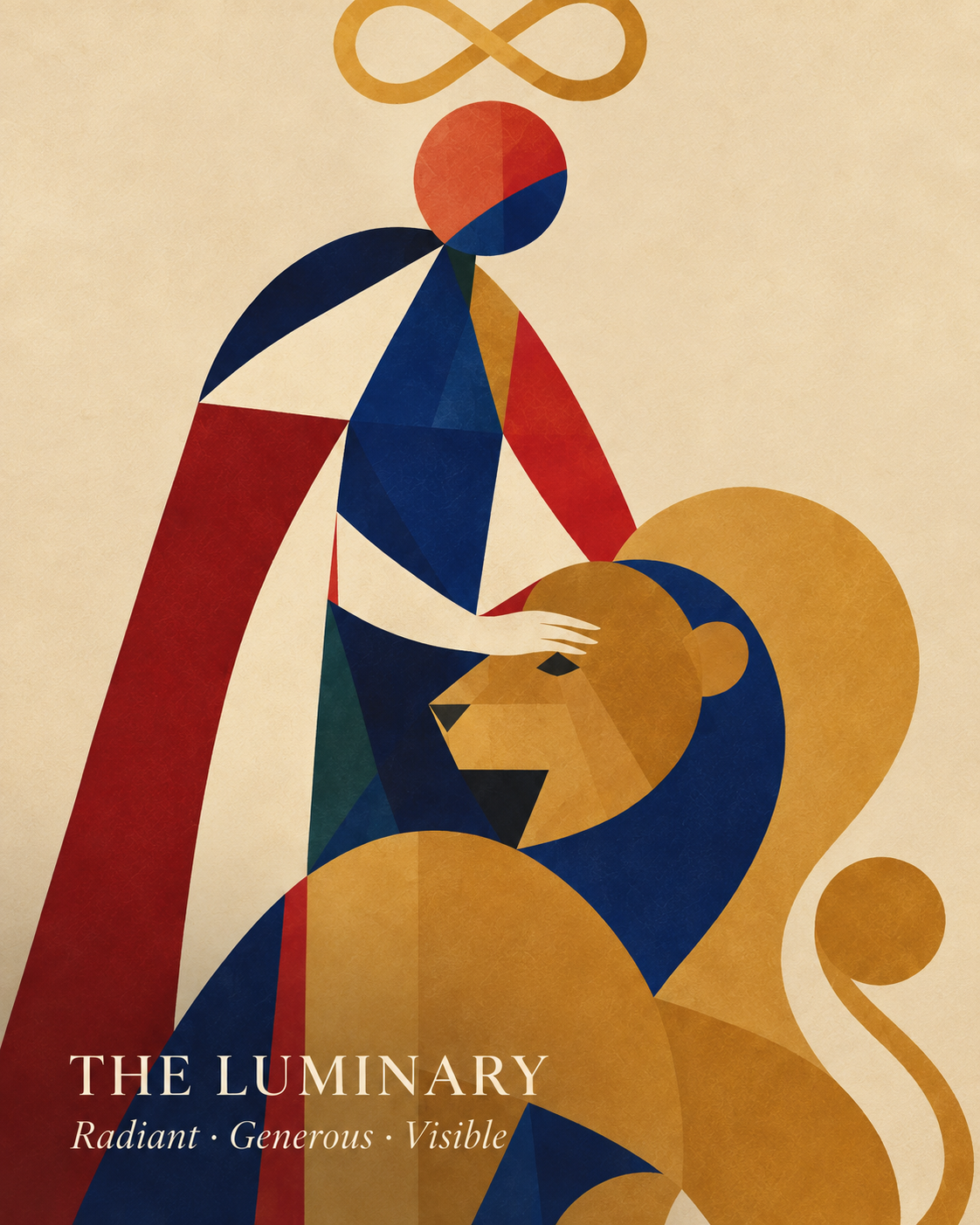 The Luminary Aura card depicting an abstract geometric art of a woman with a lion, using bold colors and shapes. She is Radiant, Generous, Visible.