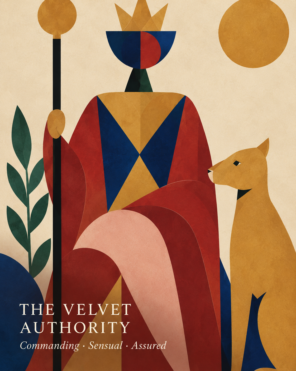 The Velvet Authority Aura card depicting abstract geometric art of a regal woman seated with a lion, using bold colors and shapes. She is Commanding, Sensual, Assured.