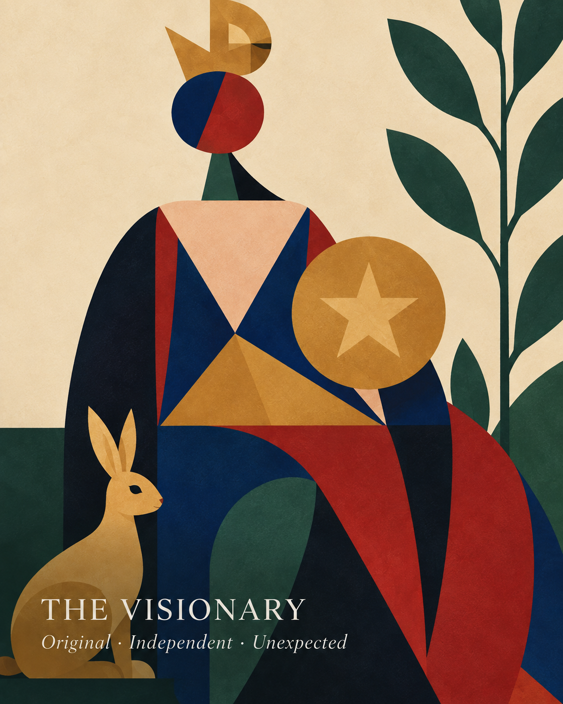 The Visionary Aura card depicting abstract geometric art of an unconventional woman sitting in a thrown, a rabbit sits at her feet using bold colors and geometric shapes. She is Original, Independent, Unexpected.