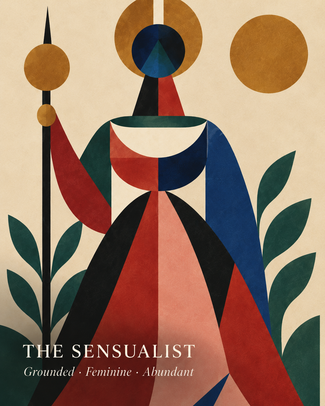 The Sensualist Aura card depicting abstract geometric art of a feminine woman holding a staff, using bold colors and geometric shapes. She is Grounded, Feminine, Abundant.