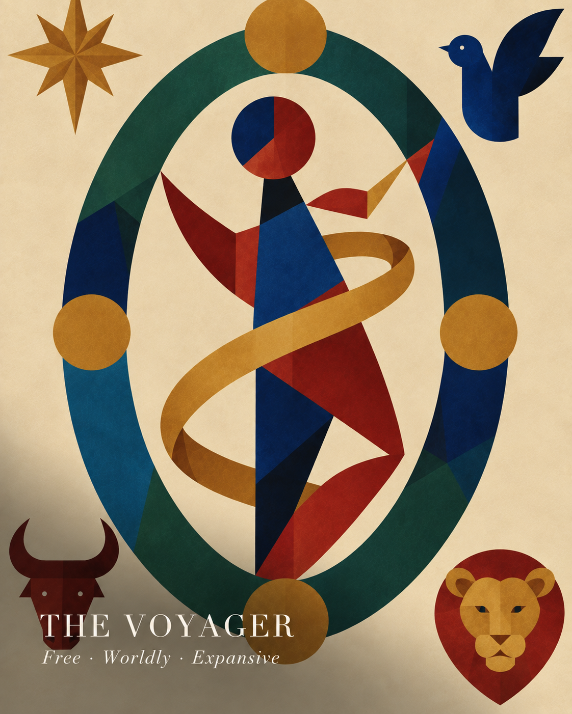 The Voyager Aura card depicting abstract geometric art featuring a central female wrapped in a gold ribbon, surrounded by symbols of a star, bird, bull, and lion. She is Free, Worldly, Expansive.