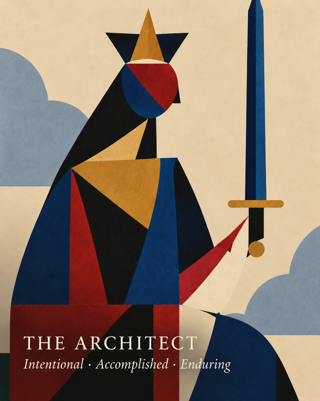 The Architect Aura card depicting abstract geometric art of a queen holding a sword, using bold colors and shapes. She is Intentional, Accomplished, Enduring.