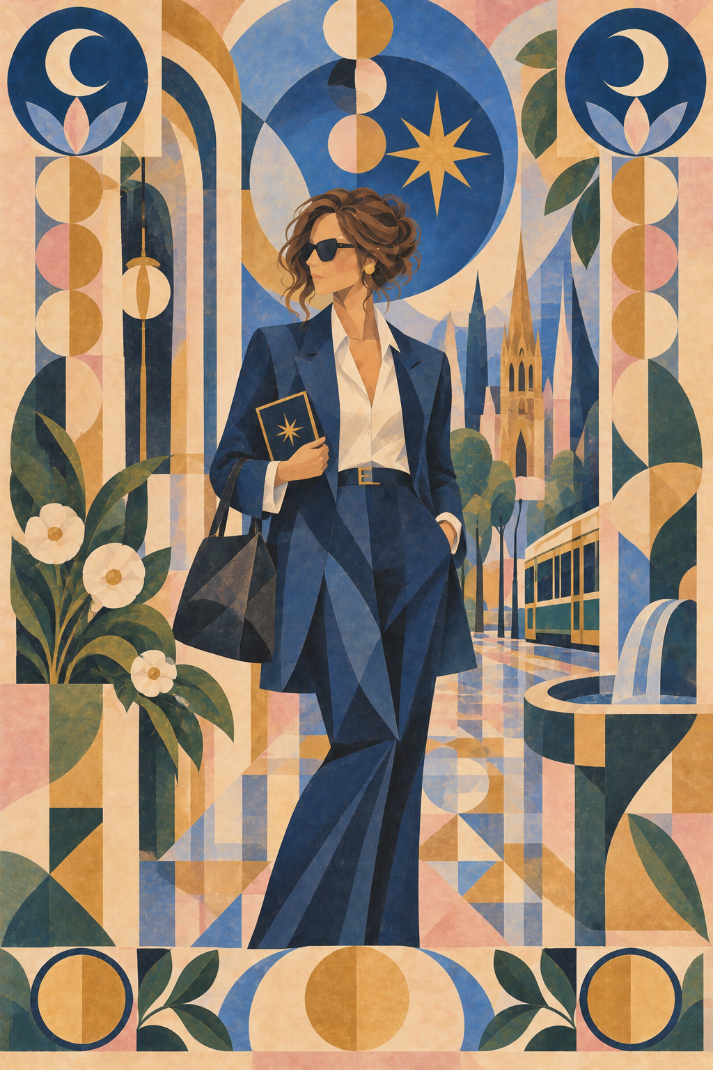 An illustrated woman with wavy brown hair, wearing sunglasses, a dark blue suit, white shirt, and carrying a purse and a brochure, standing on a city street with a church, tram, trees, and a fountain in the background. Decorative geometric patterns and floral elements surround her.