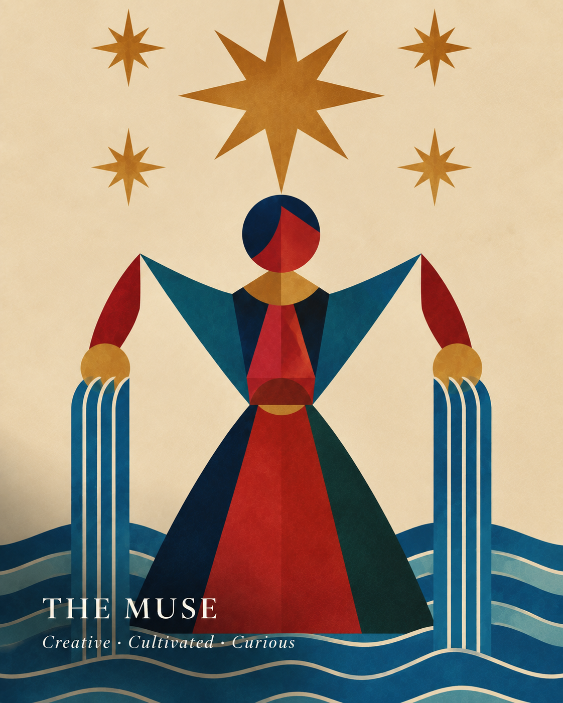 The Muse Aura card depicting abstract geometric art of a creative woman pouring cups of water into the ocean, using bold primary colors and geometric shapes. She is Creative, Cultivated, Curious.