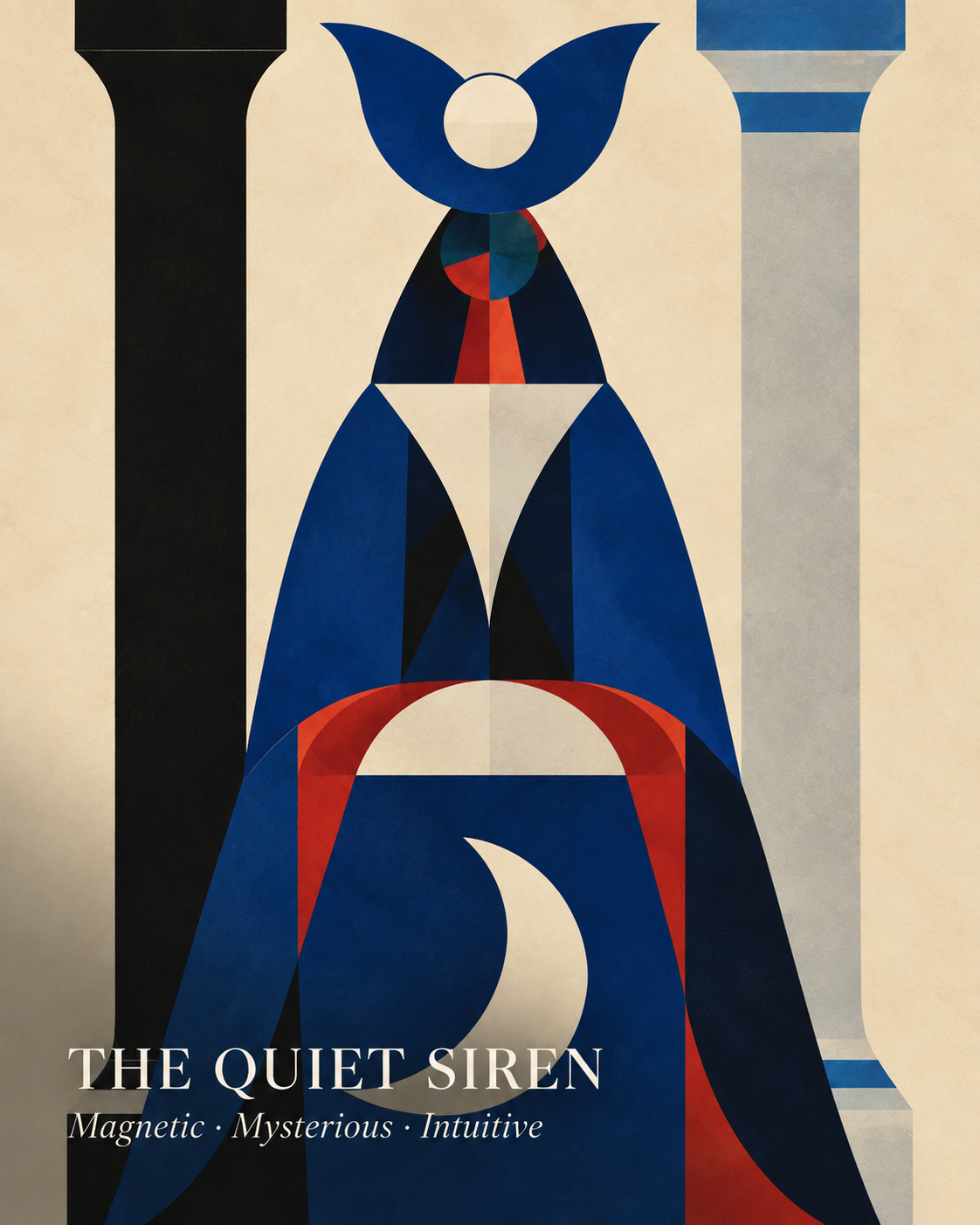 The Quiet Siren Aura card depicting abstract geometric art of a woman seated between two columns, using bold colors and geometric shapes. She is Magnetic, Mysterious, Intuitive.