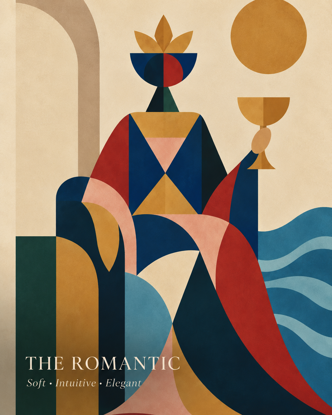 The Romantic Aura card depicting abstract geometric art of an elegant woman wearing a crown and holding a cup, using bold colors and geometric shapes. She is Soft, Intuitive, Elegant.