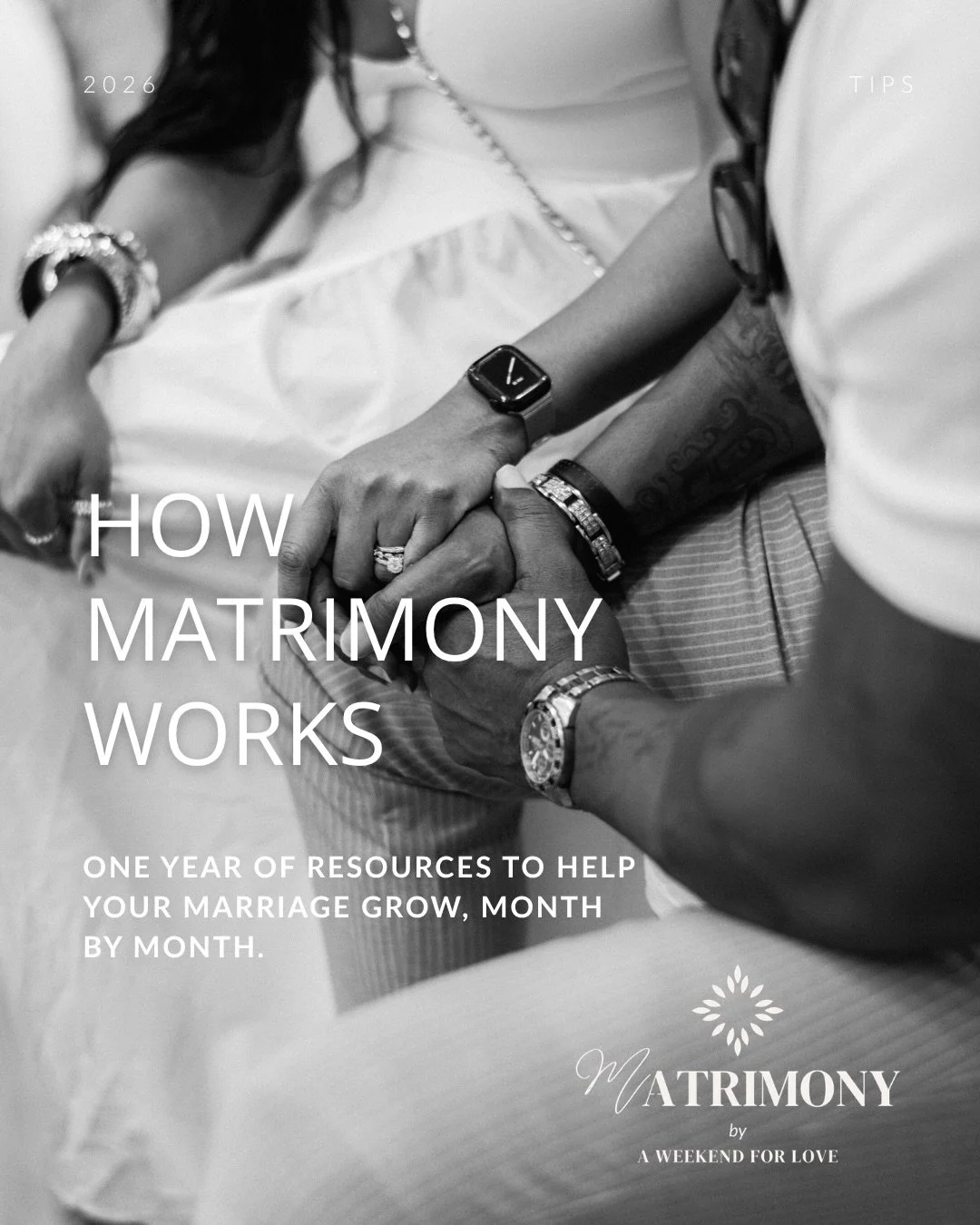 Your marriage deserves more than one great weekend a year.

Introducing Matrimony by A Weekend For Love, a year long marriage membership for couples who want to keep growing together.

Here&rsquo;s how it works:
 To Have &amp; To Hold: our monthly ne