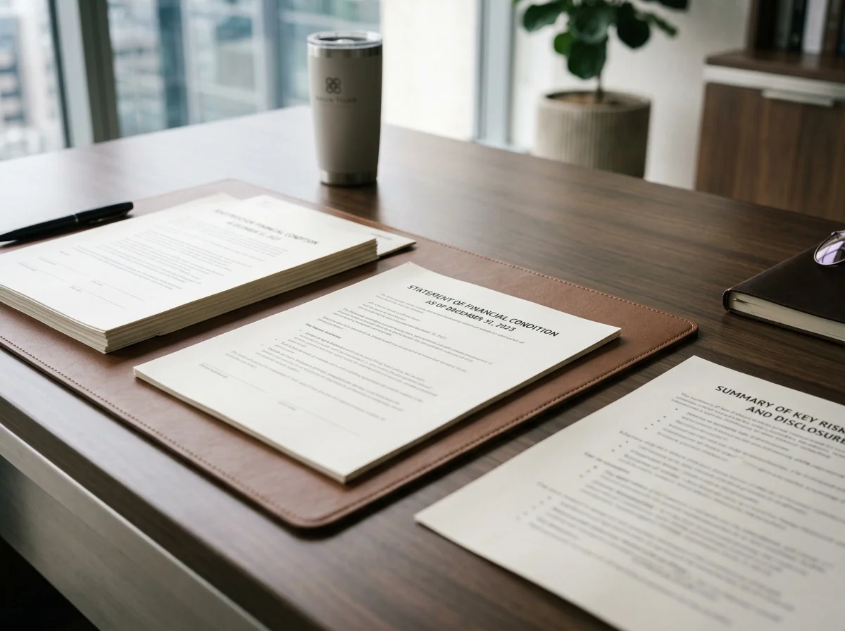 Business documents, including a statement of financial condition and a summary of key risks, spread out on a wooden desk with a pen, a tumbler, and a closed laptop nearby, in an office with large windows and a city view.