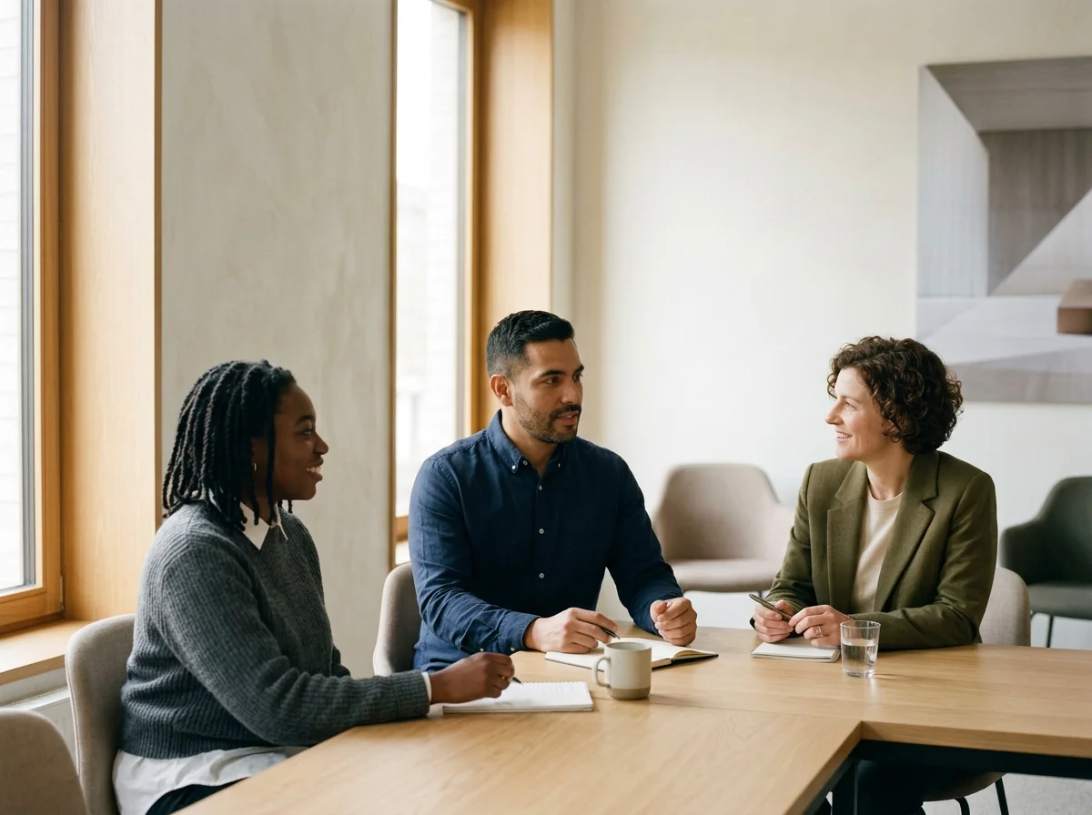 Three people sitting at a table having a discussion in a bright room with large windows.