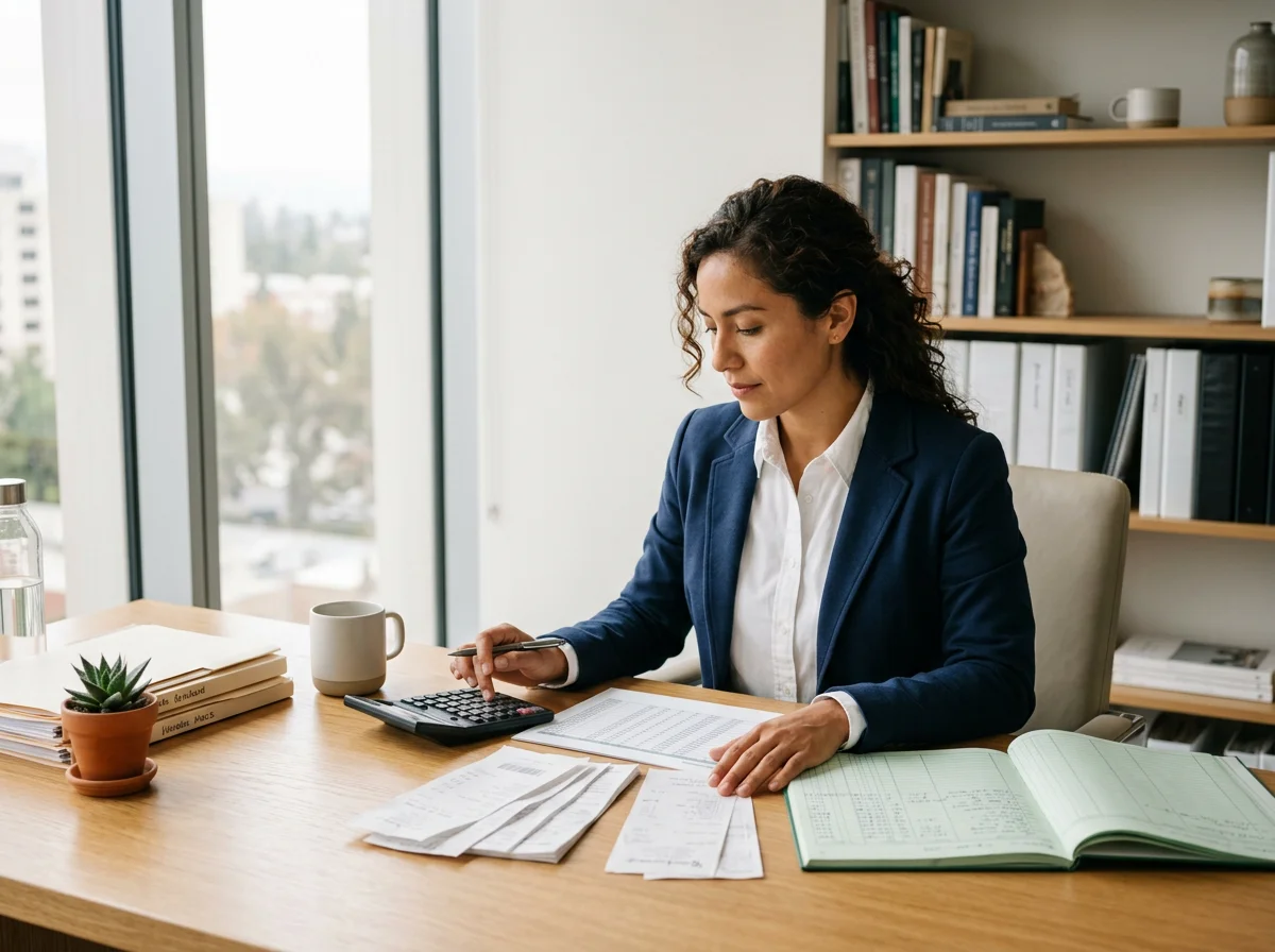 A woman in a navy blazer and white shirt sitting at a desk in an office, using a calculator and organizing documents.