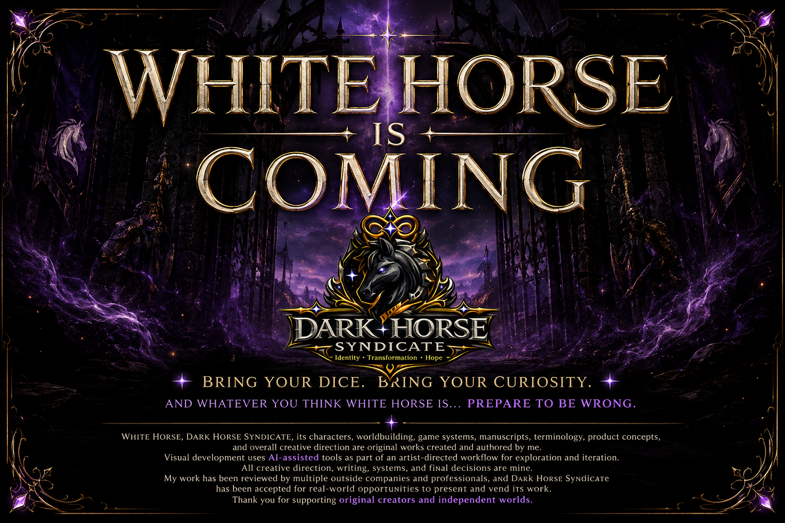 A promotional poster with a dark, mystical background featuring purple and black tones, depicting the announcement of "White Horse is Coming" for the "Dark Horse Syndicate". The poster includes a black horse emblem, and text encouraging curiosity and readiness for what White Horse represents.