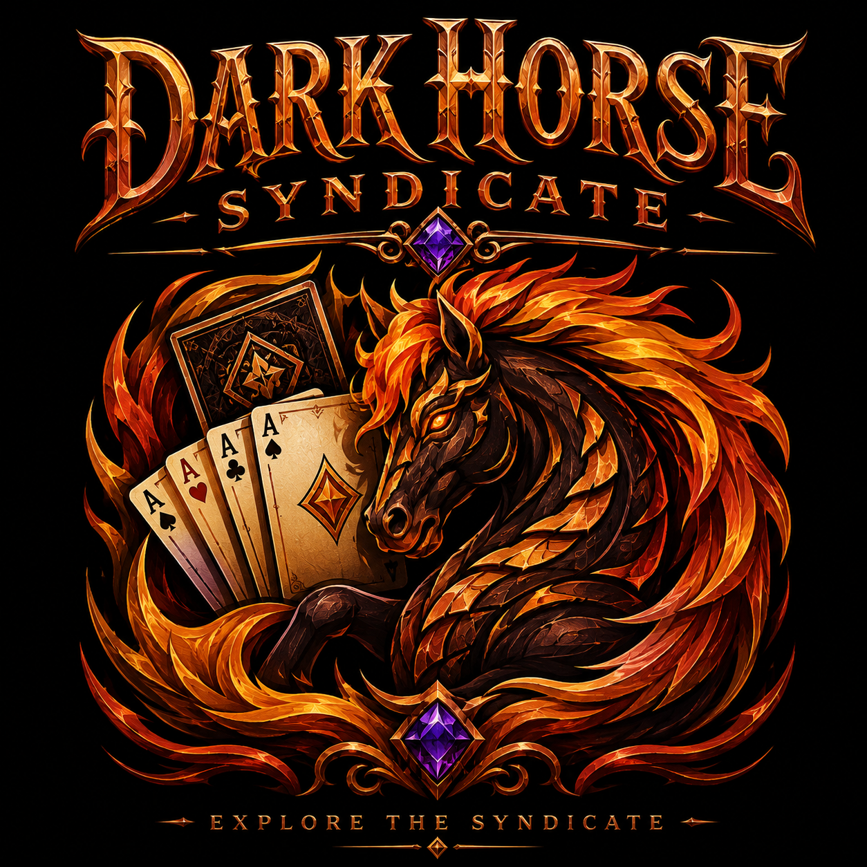 Dark Horse Syndicate logo featuring a fiery horse holding playing cards and a purple gemstone, with an option to explore the syndicate.
