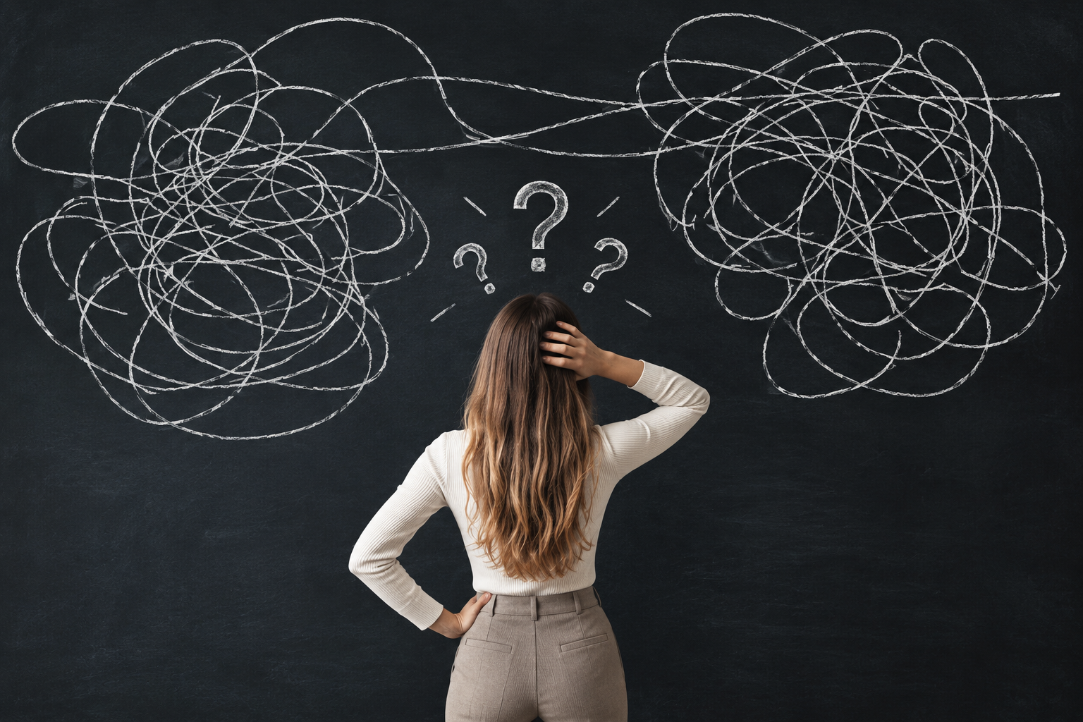 A woman with long brown hair, wearing a white long-sleeve shirt and beige pants, stands with her back to the camera and hand on her hip, facing a blackboard with chaos of white chalk scribbles and three question marks above her head, symbolizing confusion or problem-solving.