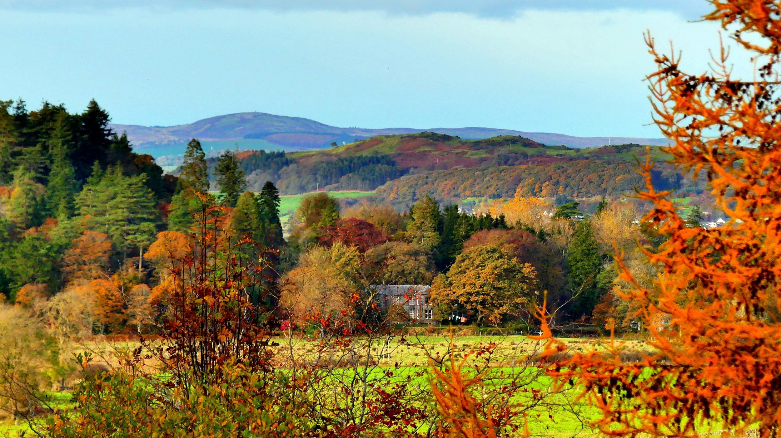 Scenic view of rolling green hills and dense trees with fall foliage in shades of orange, red, and yellow, under a partly cloudy sky.