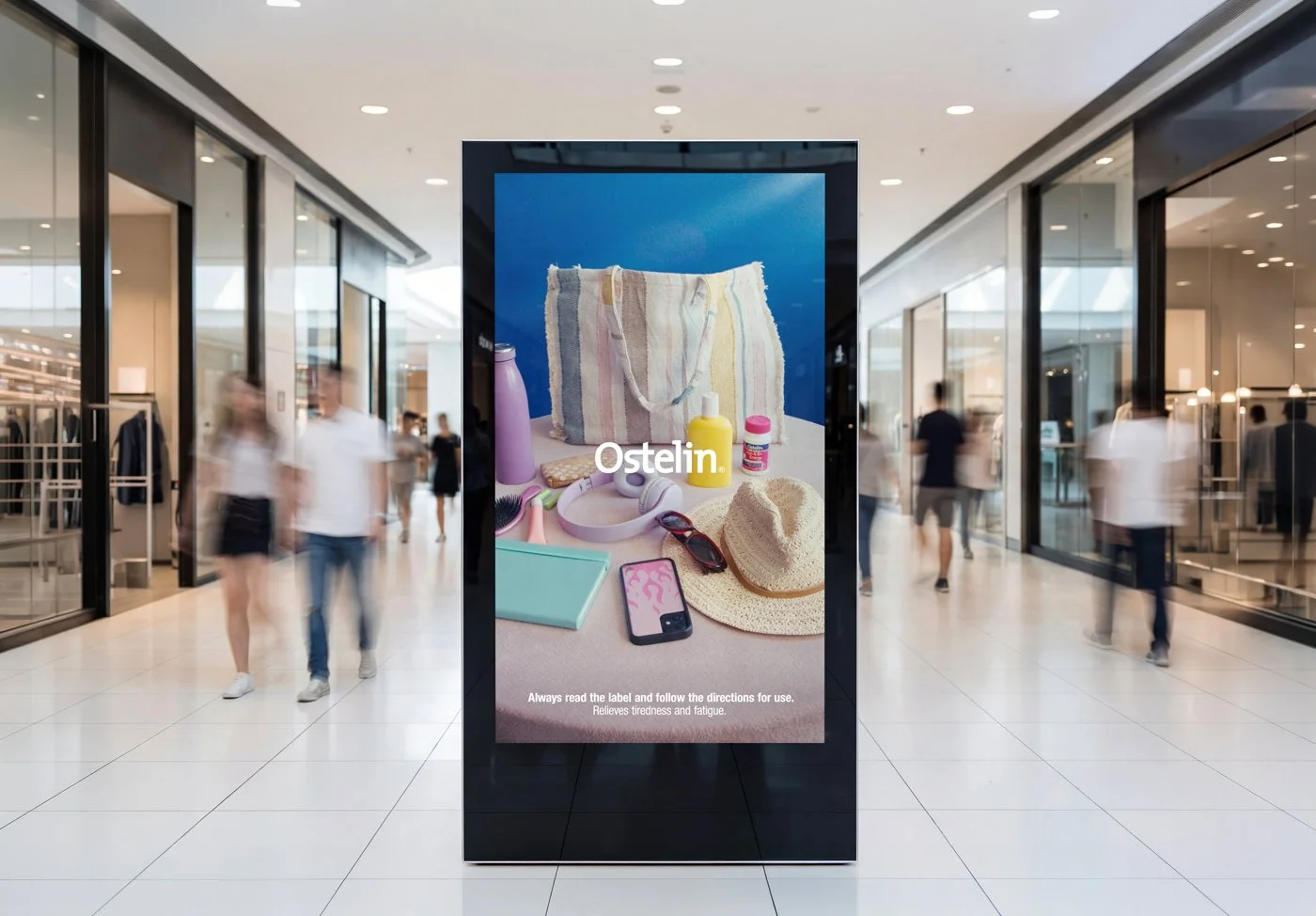 Digital advertisement in a shopping mall for Ostelin, showing summer items like a striped bag, sunscreen, sunglasses, hat, smartphone, and beach accessories.