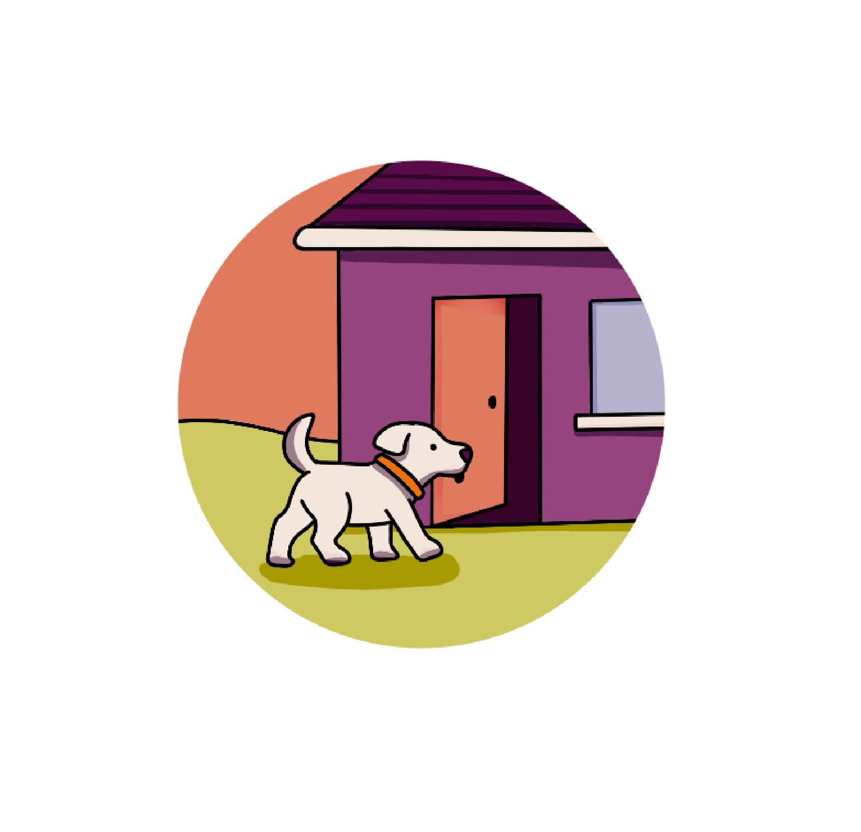Ein Hund vor einem purplefarbenen Haus mit offenen Türen und einem Fenster. Der Hund trägt ein orangefarbenes Halsband und steht auf grünem Gras.