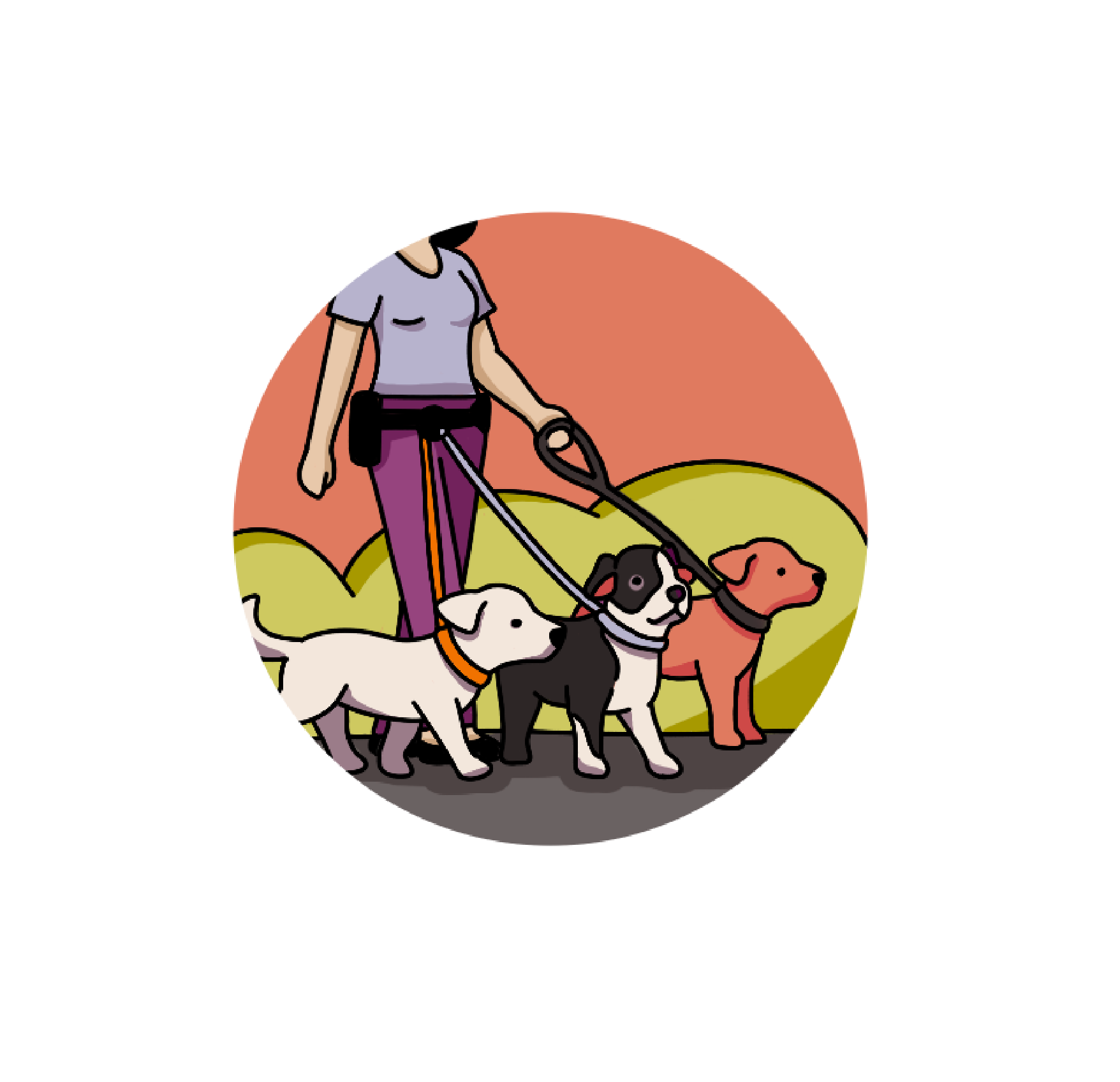 Eine Illustration einer Frau, die mit vier Hunden wandert, vor einer grünen Landschaft mit Sonnenuntergangshimmel.