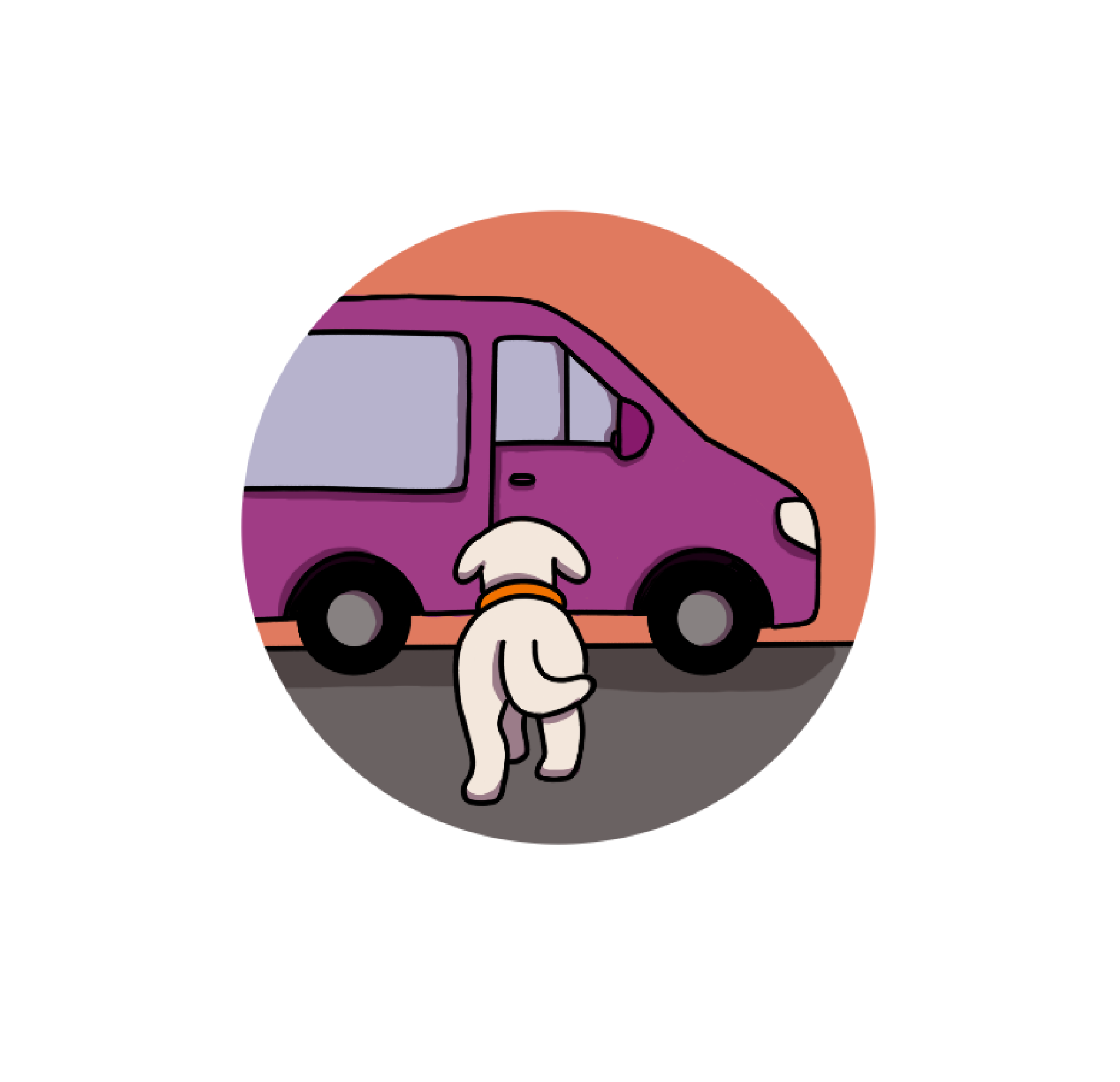 Eine cartoonartige Illustration eines weißen Hundes, der vor einem purplefarbenen Auto steht, das auf einer Straße parkt. Der Hund hat ein orangefarbenes Halsband, und im Hintergrund ist ein großer, orangefarbener Bogen.