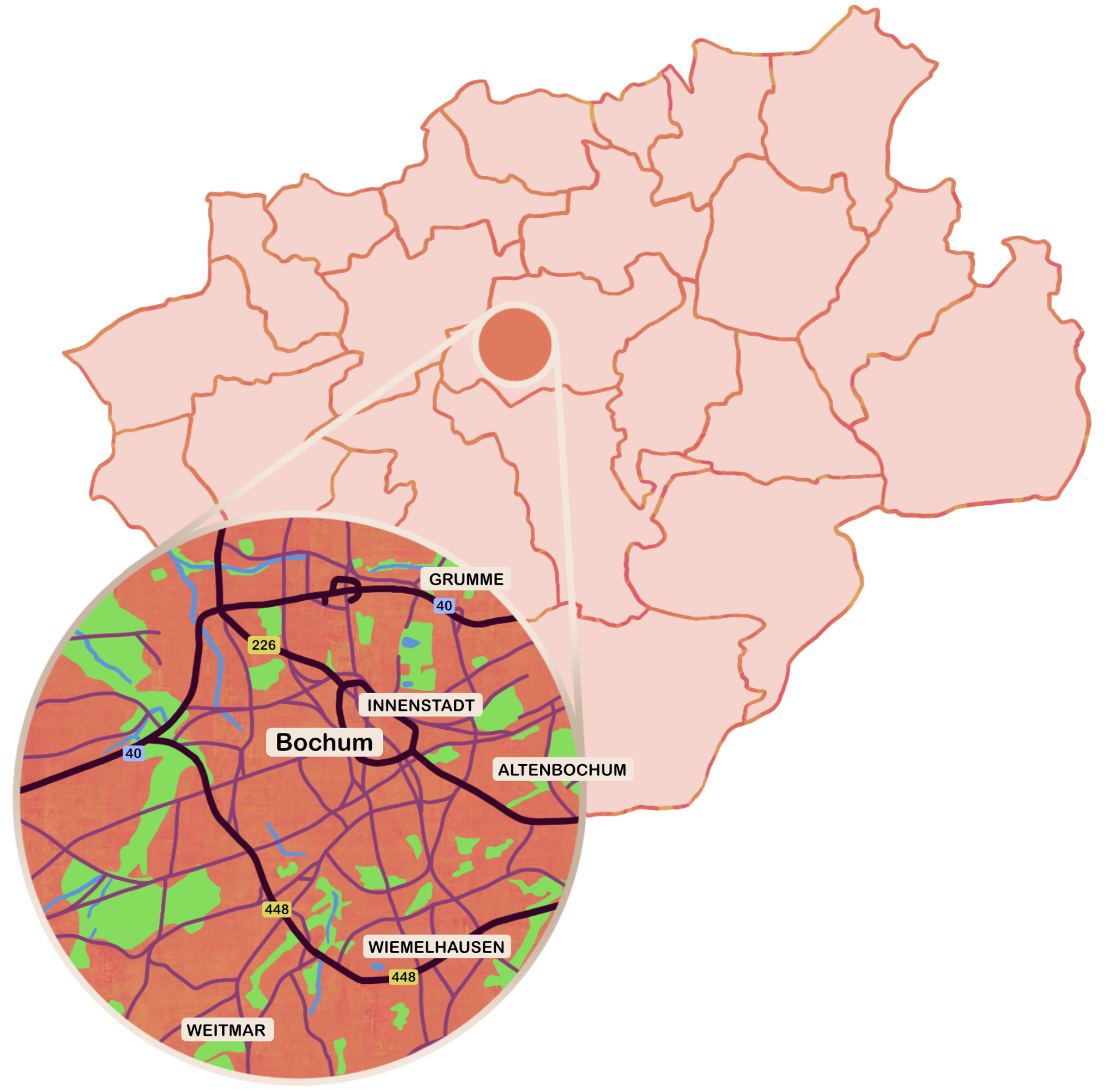 Karte der Stadt Bochum in Deutschland, mit Stadtteilen wie Innenstadt, Grumme, Altenbochum, Wiemelhausen und Weitmar, sowie Straßen und Verkehrswegen markiert.