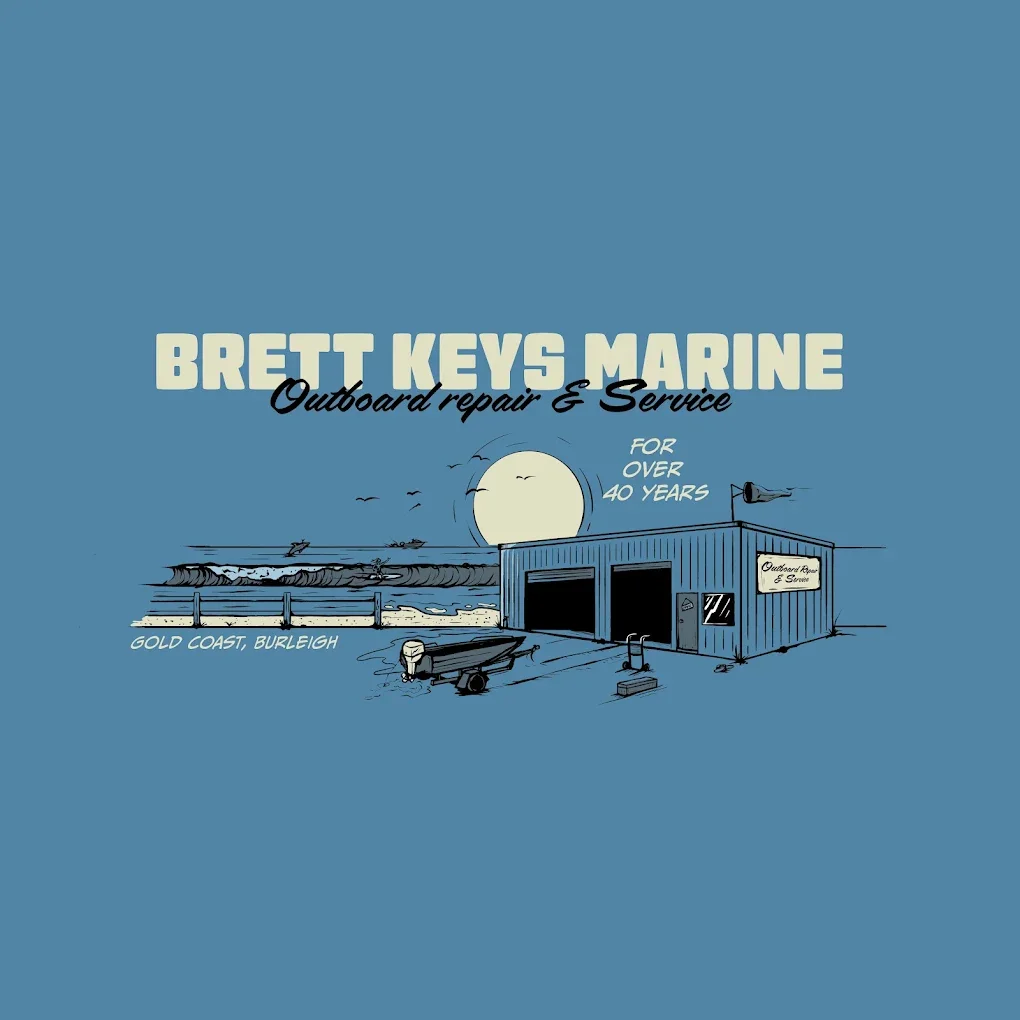 A graphic illustration of a marine repair shop called Brett Keys Marine, located in Gold Coast, Burleigh, with a dock, boats, birds, and a large sun setting over the water, celebrating over 40 years of service.