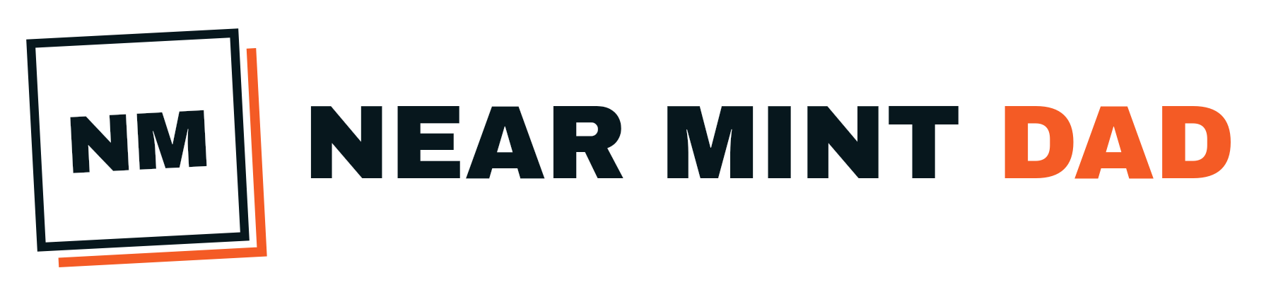 Logo of NM Near Mint Dad featuring stylized initials 'NM' inside a tilted square, with the text 'NEAR MINT DAD' to the right.