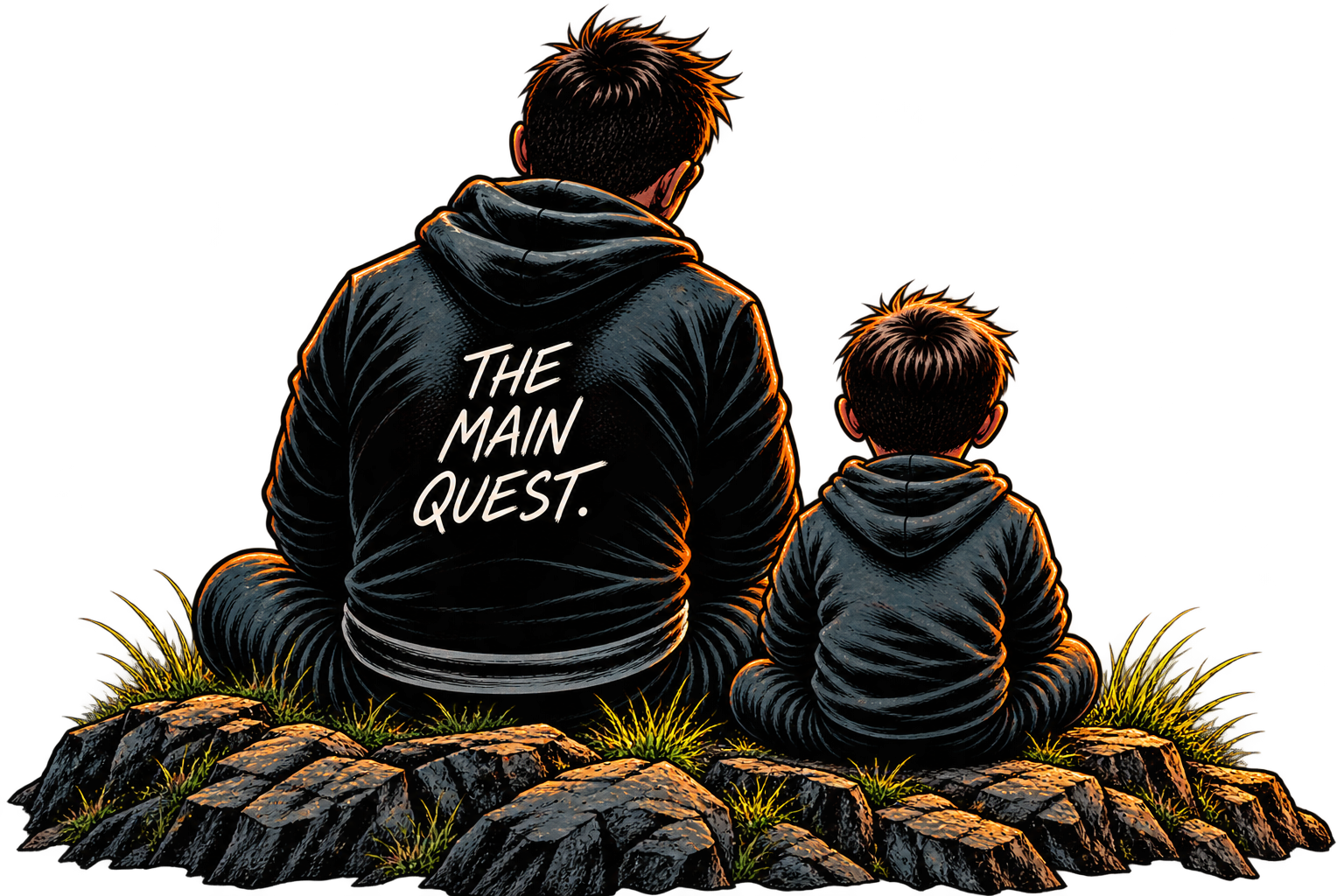 A digital illustration of two people sitting on rocks with grass, facing away. The larger person on the left wears a hoodie with the words 'The Main Quest' on the back, suggesting a gaming or adventurous theme.