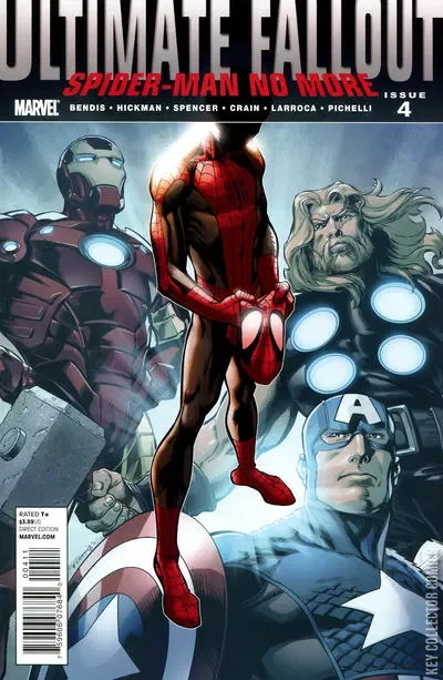 Comic book cover for "Ultimate Fallout: Spider-Man No More" featuring Iron Man, Spider-Man, Thor, and Captain America.