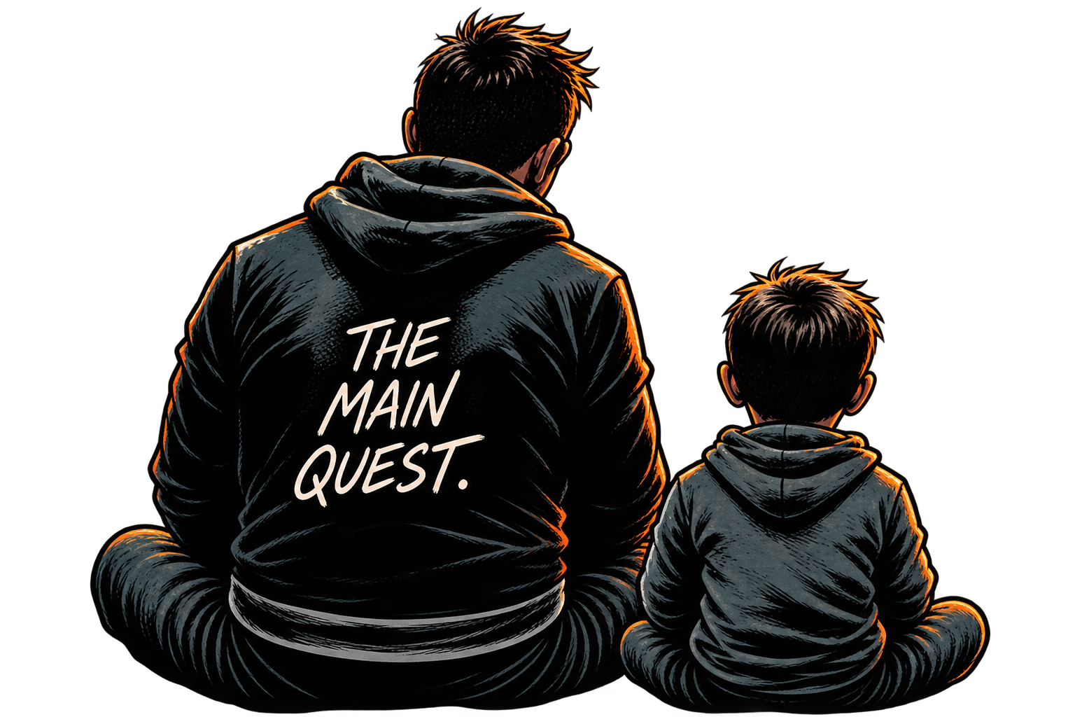 A digital illustration of an adult and a child sitting side by side, facing away. The adult wears a black hoodie with the words "The Main Quest" printed on the back, and the child wears a similar hoodie. The background features a dark, possibly indoor setting.