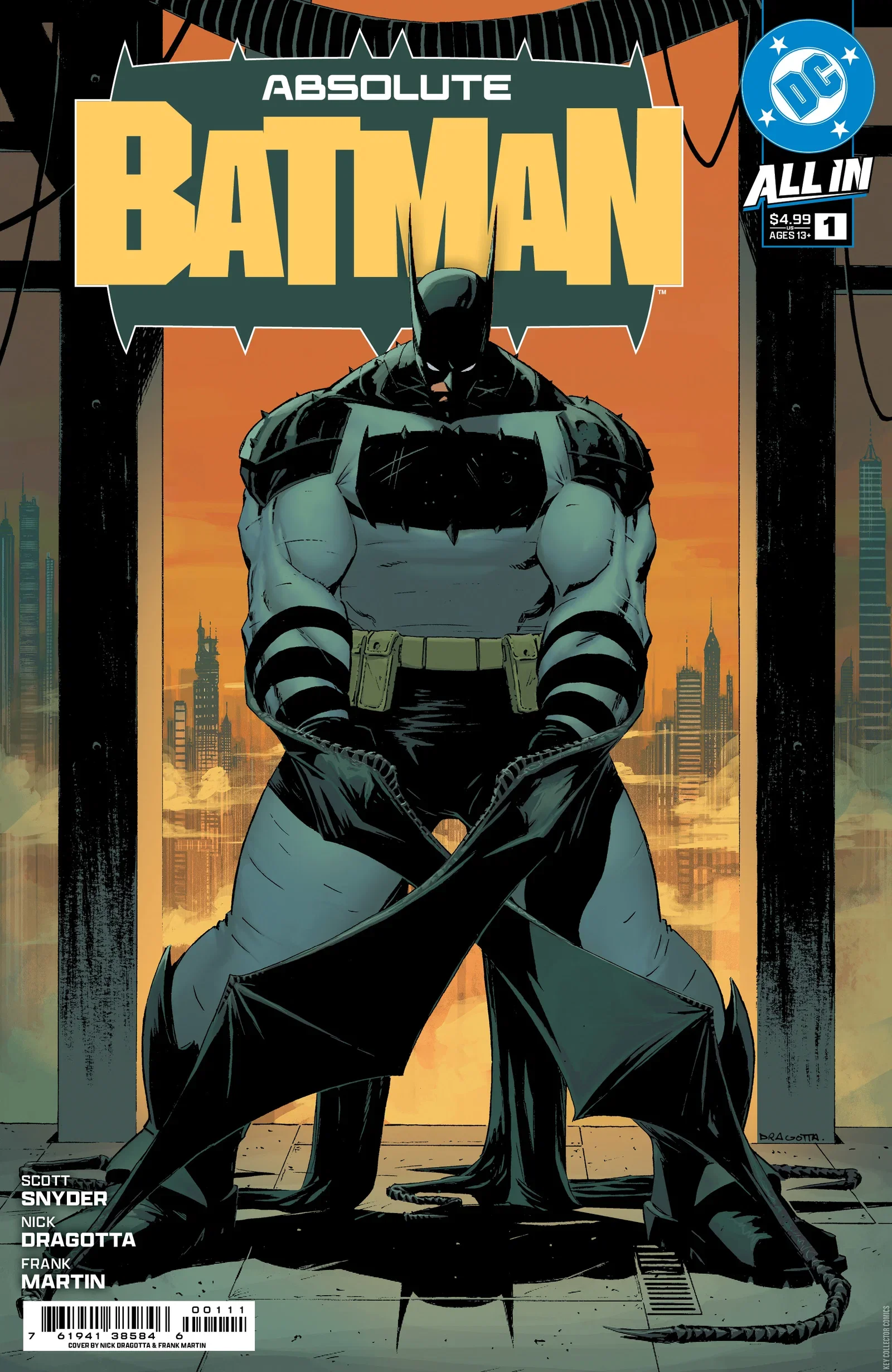 A comic book cover featuring Batman with a city skyline in the background, titled 'Absolute Batman.' Batman is standing with crossed arms, wearing his black cape and cowl, with a sunset sky behind him. The cover prominently displays the title and the creators' names, including Scott Snyder, Nick Dragotta, and Frank Martin.