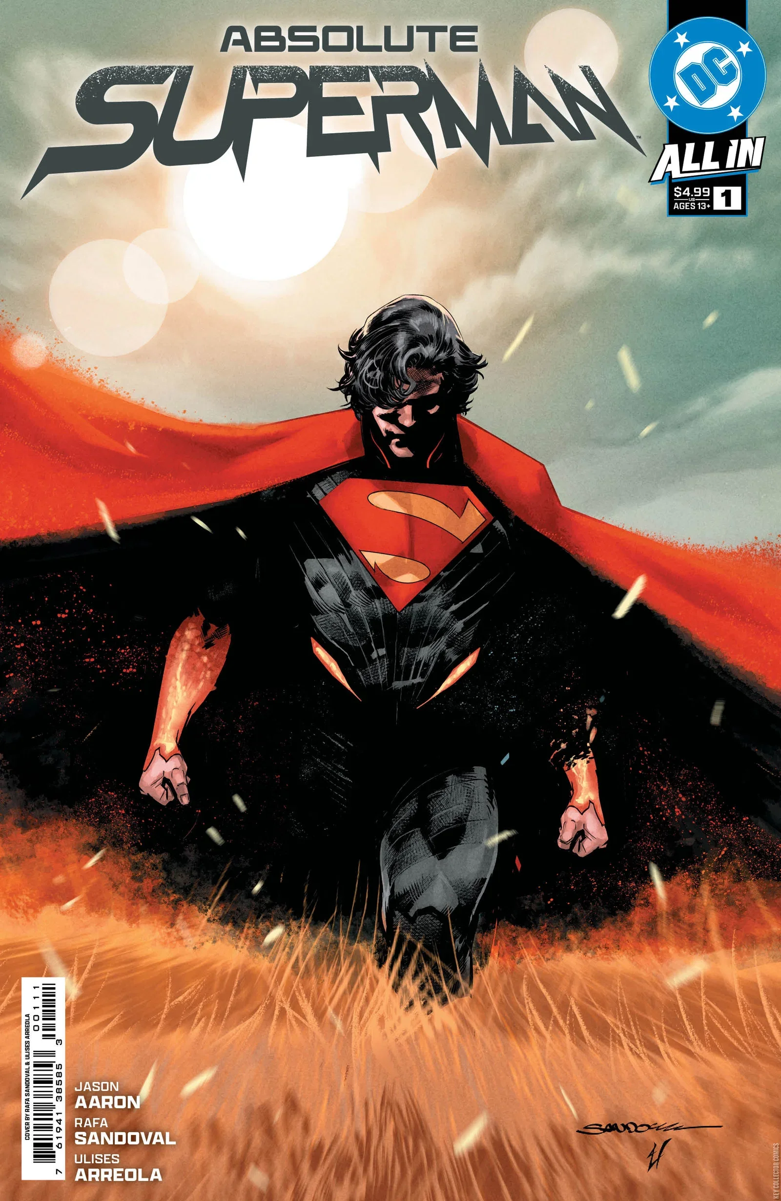 Comic book cover of 'Absolute Superman,' featuring Superman walking forward with a red cape flowing behind him. The background includes a bright moon and an orange-brown battlefield with sparks and debris flying around. The cover displays authors' names, including Jason Aaron and Rafa Sandoval, and the DC Comics logo.