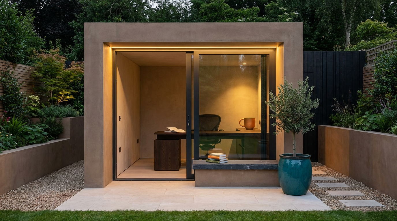 Modern backyard office with sliding glass door, interior desk with books and coffee mug, potted tree outside, and landscaped garden with greenery.