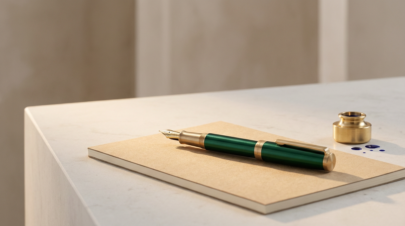 A green and gold fountain pen resting on a beige notebook with a gold ink bottle beside it and three ink dots on the table.