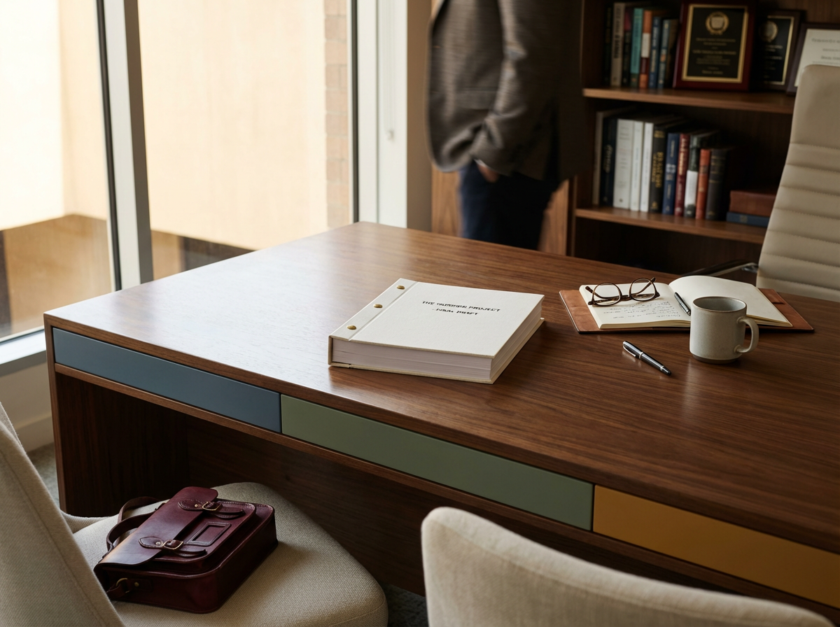 Office conference room with wooden table, binder titled 'The Essential Pursuit of Excellence,' open notebook, pair of glasses, pen, coffee mug, and a maroon briefcase. In the background, a person in a blazer stands near a bookshelf with framed recognitions and books, near a large window.