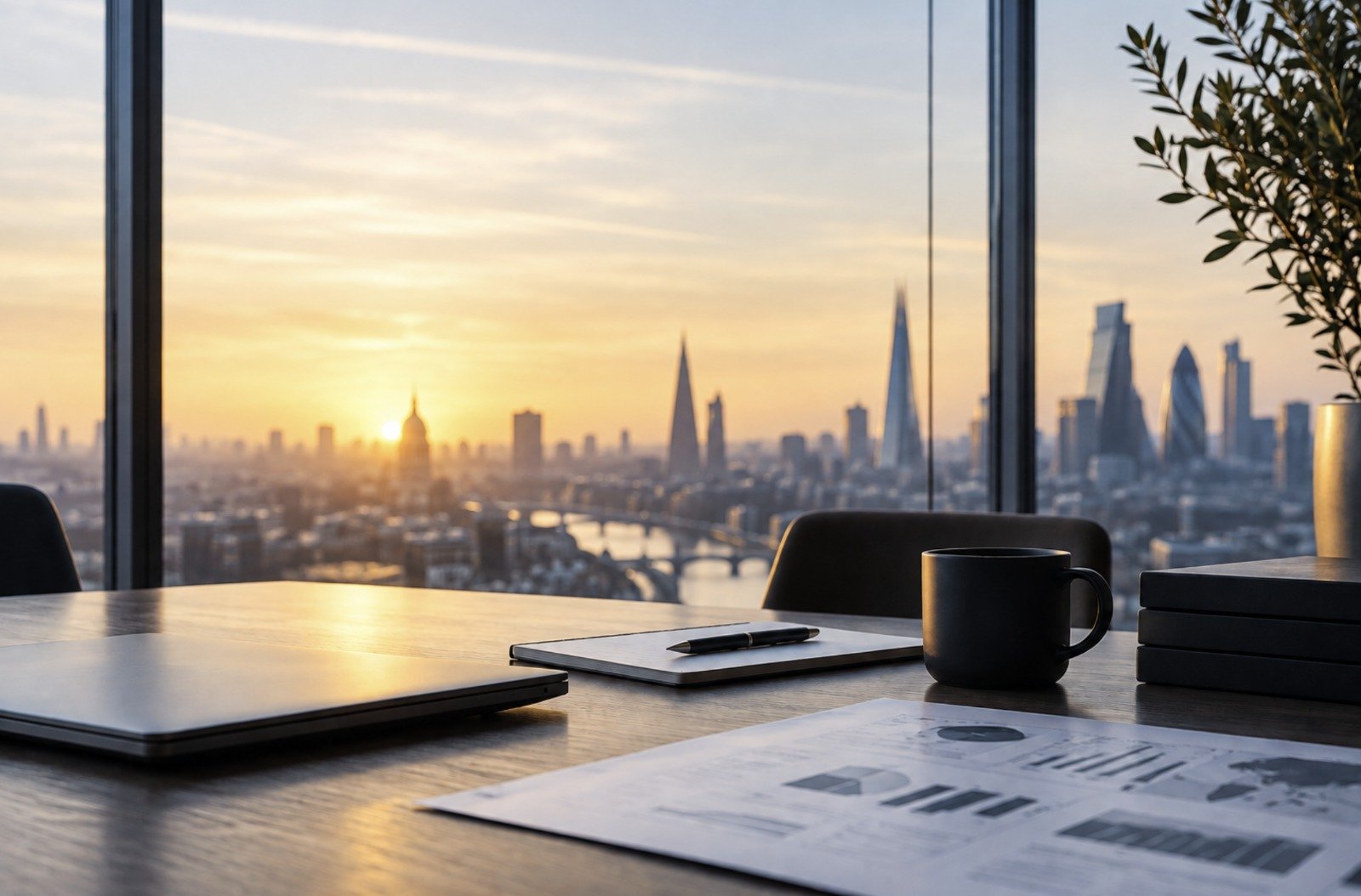 Office desk with a laptop, a notebook with a pen, a coffee mug, a stack of books, and a newspaper, with a large window showing a city skyline at sunset.