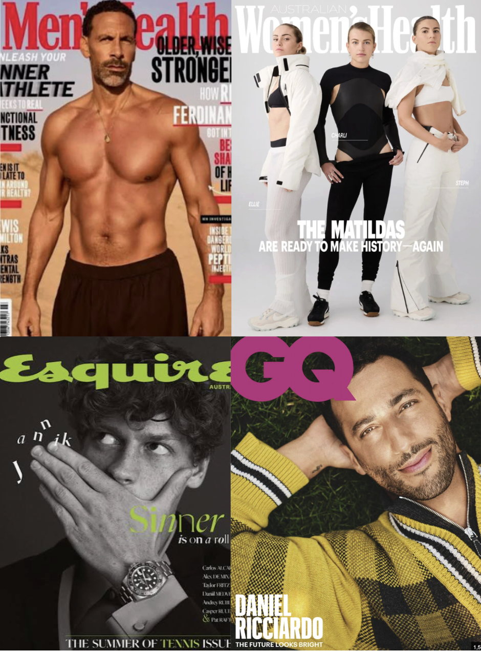 Collage of four magazine covers featuring men and women in fashion and health themes. Top left shows a shirtless man on Men’s Health cover. Top right features three women in athletic wear on Australian Women’s Health. Bottom left is a black-and-white issue of Esquire with a man posing with his hand near his face. Bottom right displays Daniel Ricciardo in a yellow and black sweater on GQ.