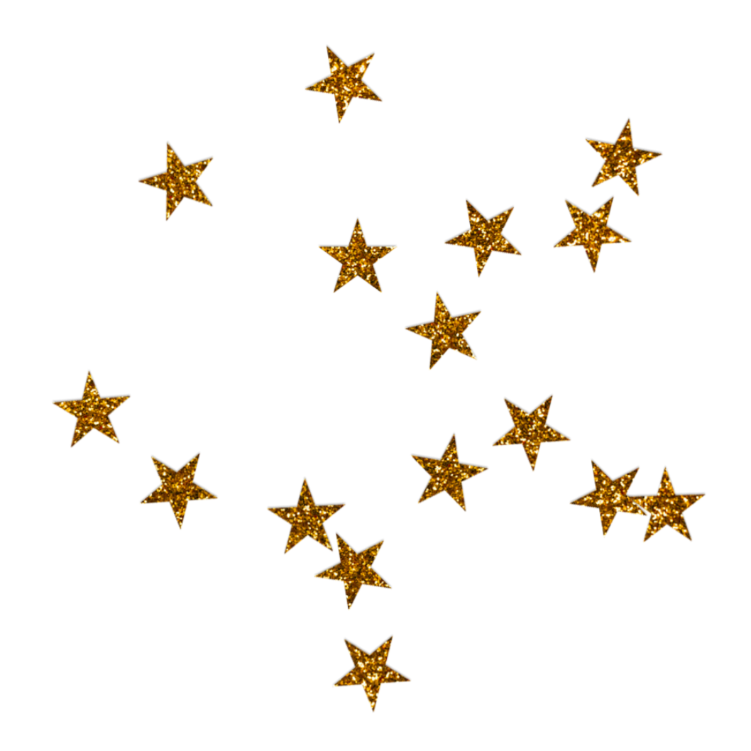 Golden glittery stars arranged in a scattered pattern on a black background.