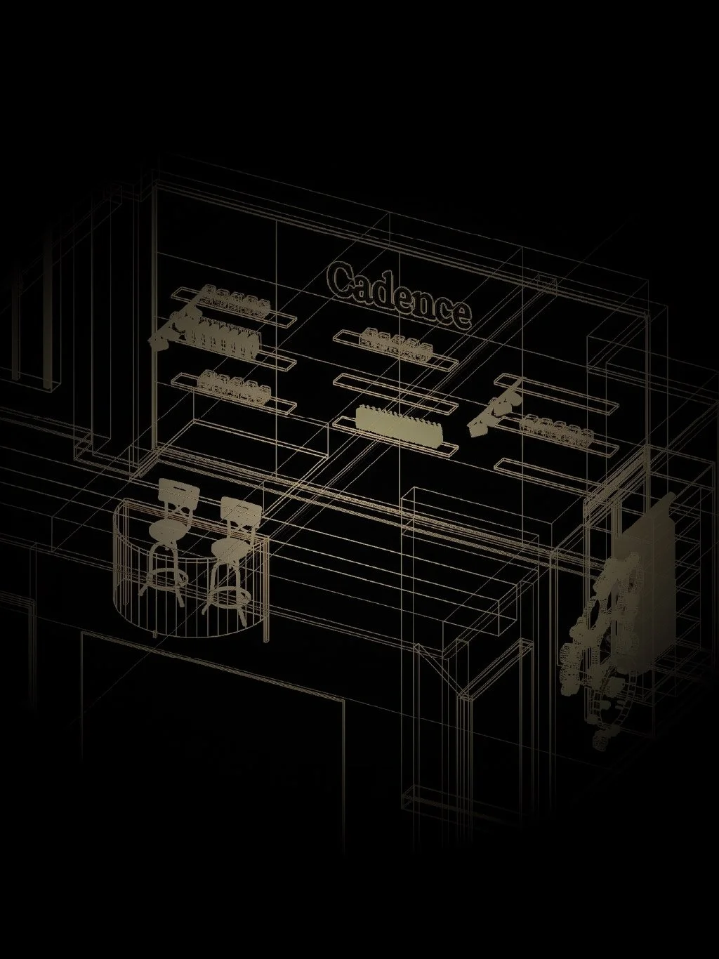 A digital wireframe blueprint of an office space or conference room with chairs, tables, and the word 'Cadence' displayed on the wall.