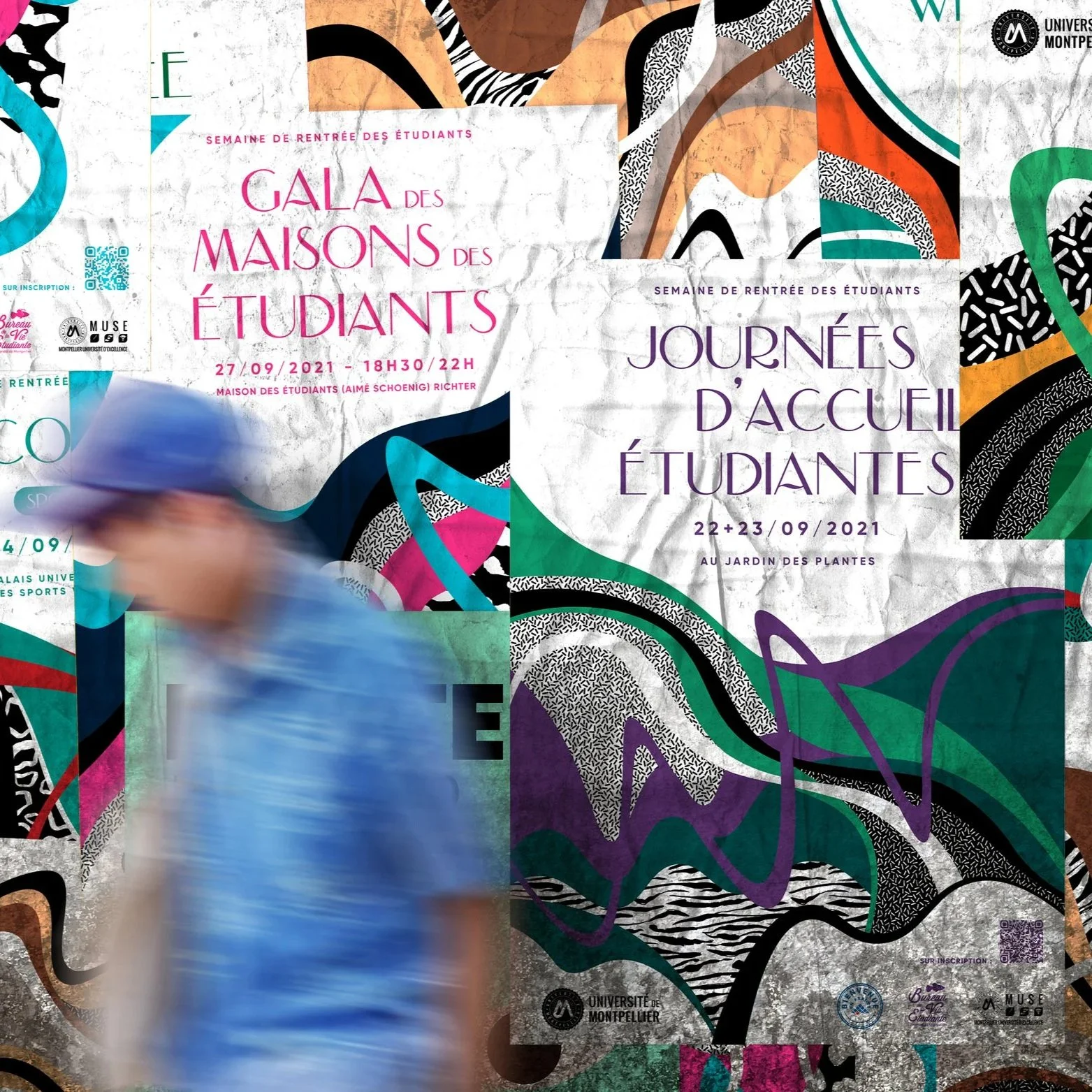 Colorful, abstract event posters for university student orientation events, with details about dates, times, and locations in French, including invitations to a student house gala and welcome days, featuring various patterns and logos of the university.