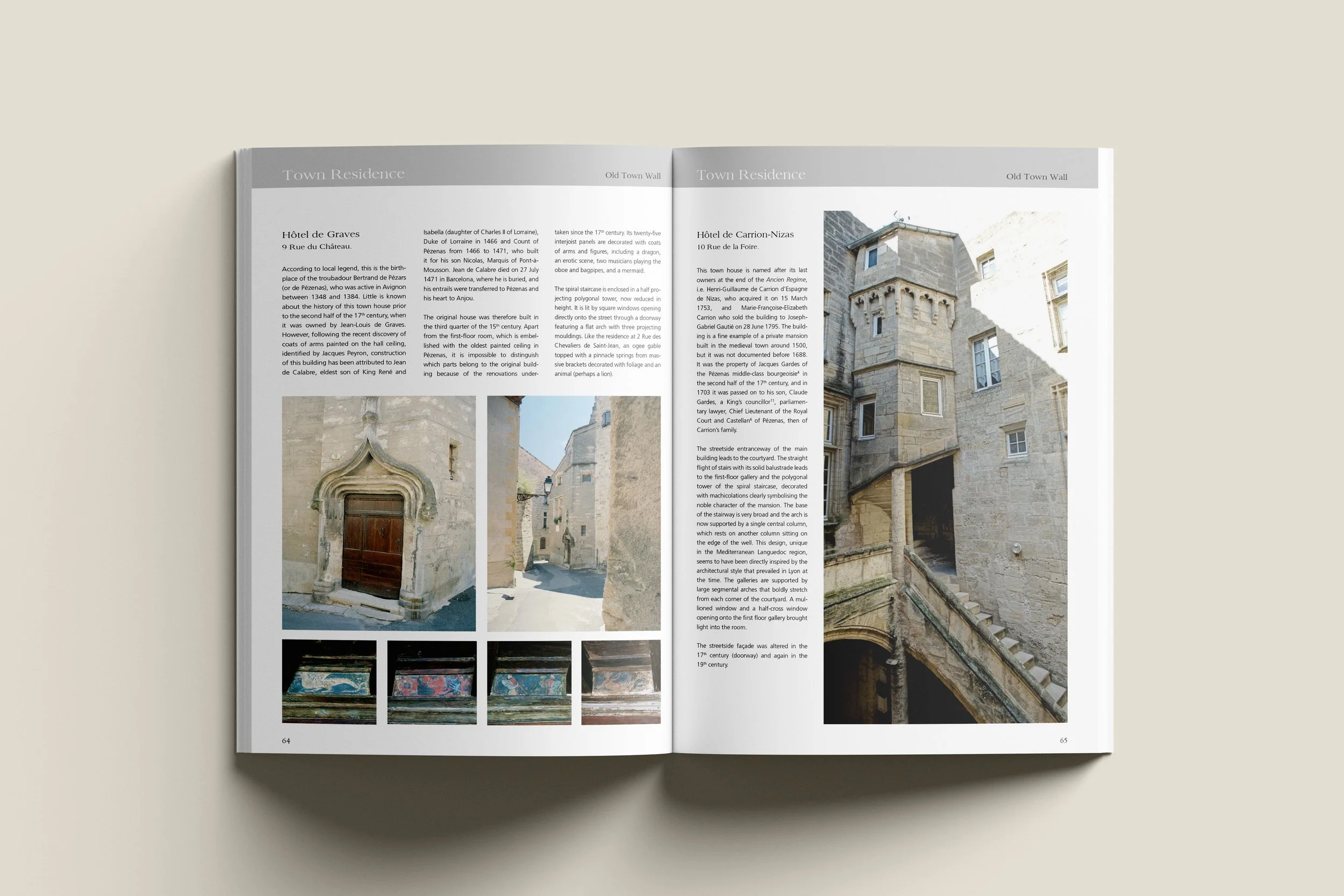 Design éditorial de "Pézenas, Architectural Heritage" pour ACPLR éditions (2014) par le studio Faire Signe : Town residence, Old Town Wall