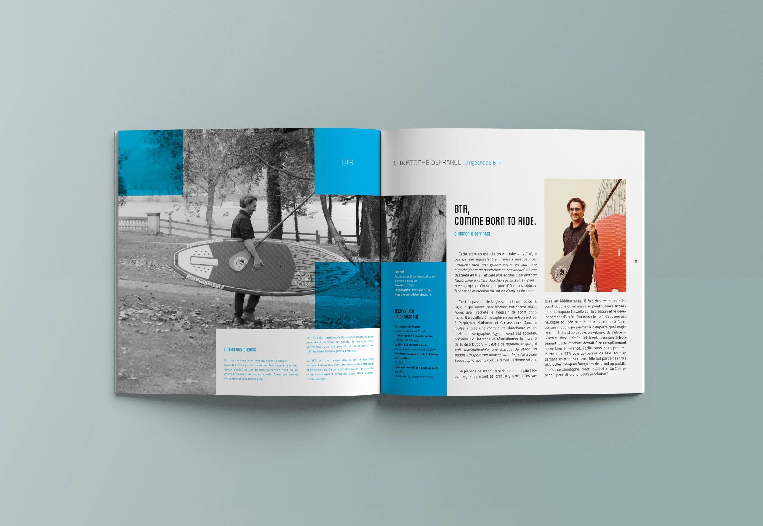 Design éditorial de "Entreprendre dans le sud en innovant" pour la Banque Populaire du Sud (2018) par le studio Faire Signe : double page de présentation de Christophe Defrance, dirigeant de BTR