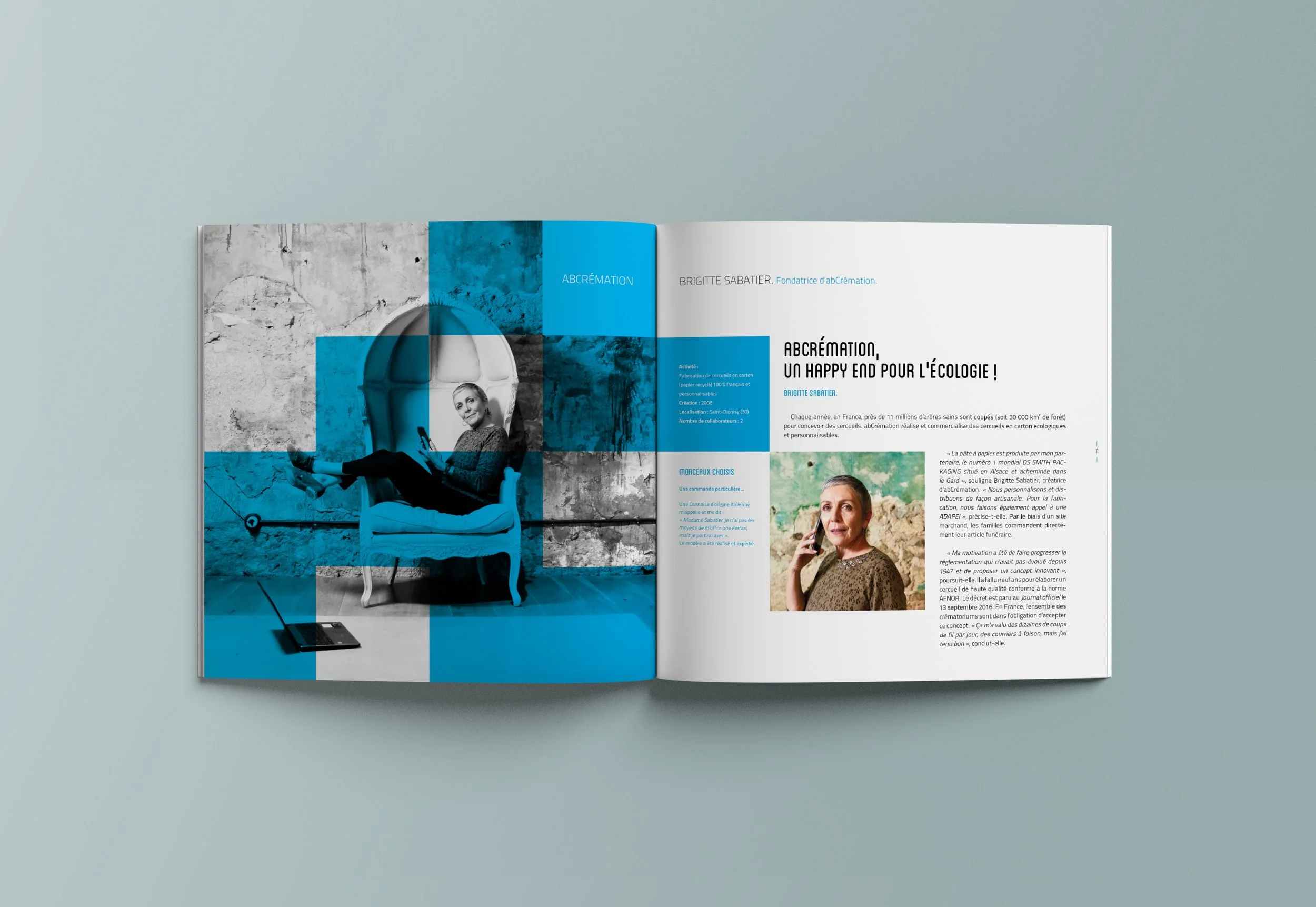 Design éditorial de "Entreprendre dans le sud en innovant" pour la Banque Populaire du Sud (2018) par le studio Faire Signe : double page de présentation de Brigitte Sabatier, dirigeante de ABCrémation