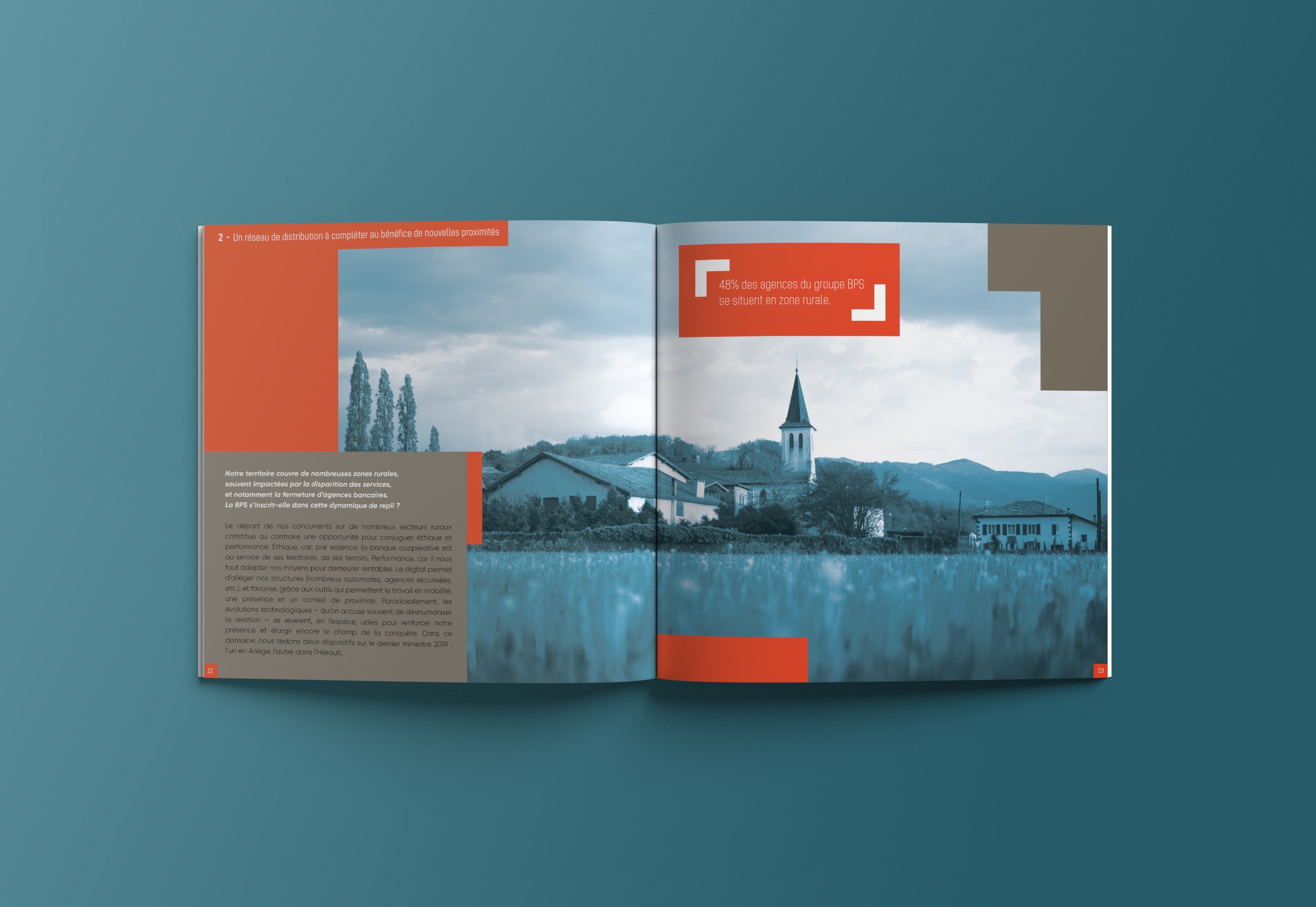 Design éditorial de "Trajectoire 2020" pour la Banque Populaire du Sud (2019) par le studio Faire Signe : 2 - Un réseau de distribution à compléter au bénéfice de nouvelles proximités