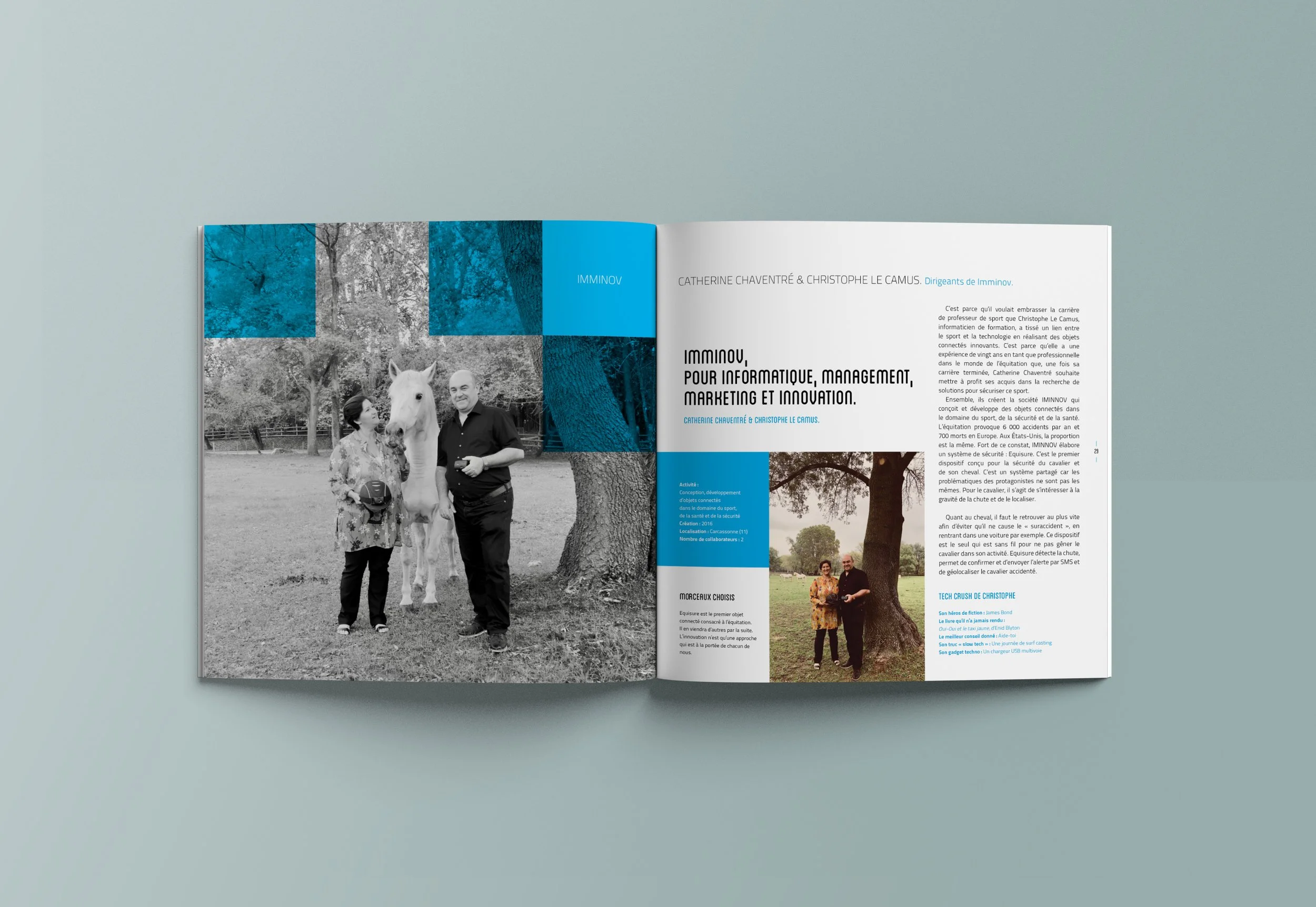 Design éditorial de "Entreprendre dans le sud en innovant" pour la Banque Populaire du Sud (2018) par le studio Faire Signe : double page de présentation de Catherine Chaventré et Christophe Le Camus, dirigeants de Imminov