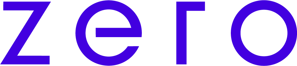 The word 'zero' written with stylized purple letters on a black background.
