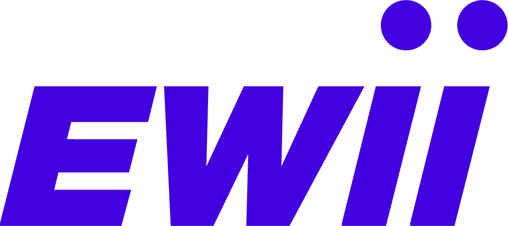Close-up of a purple logo with the letters 'EWI' and two small circles above the initials.