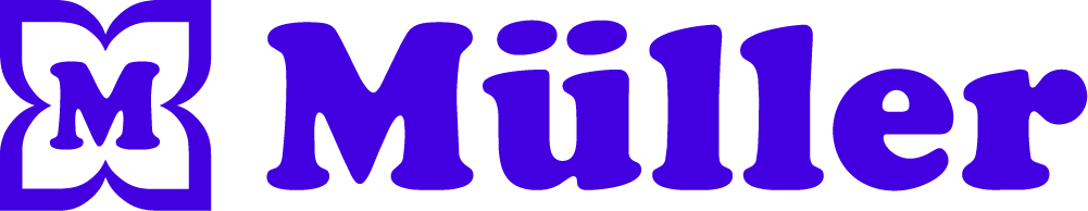 Müller logo with stylized 'M' inside a decorative square and the word 'Müller' in purple font.