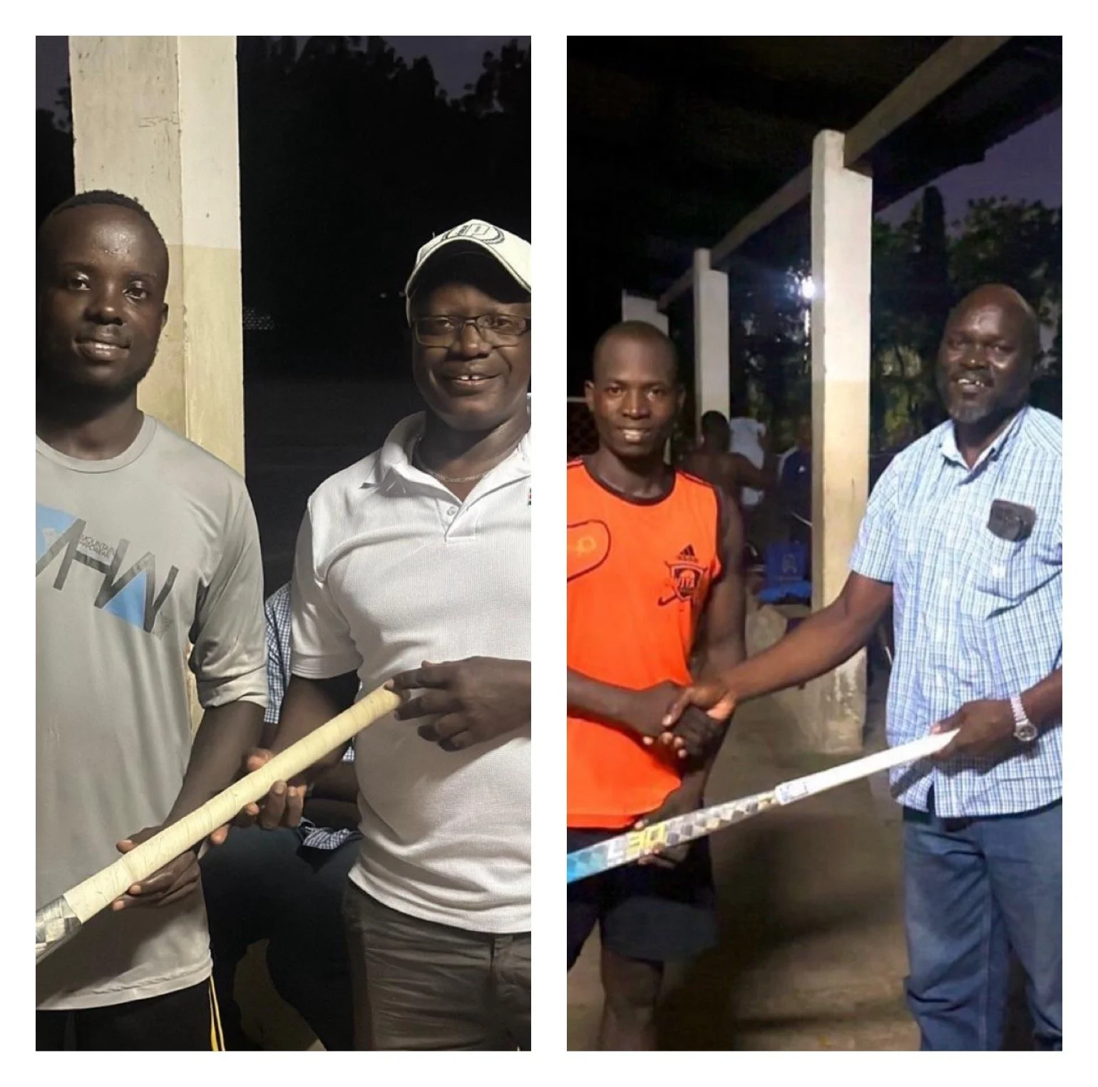 Two groups of men shaking hands at different times, some holding a stick, in an outdoor setting at night.
