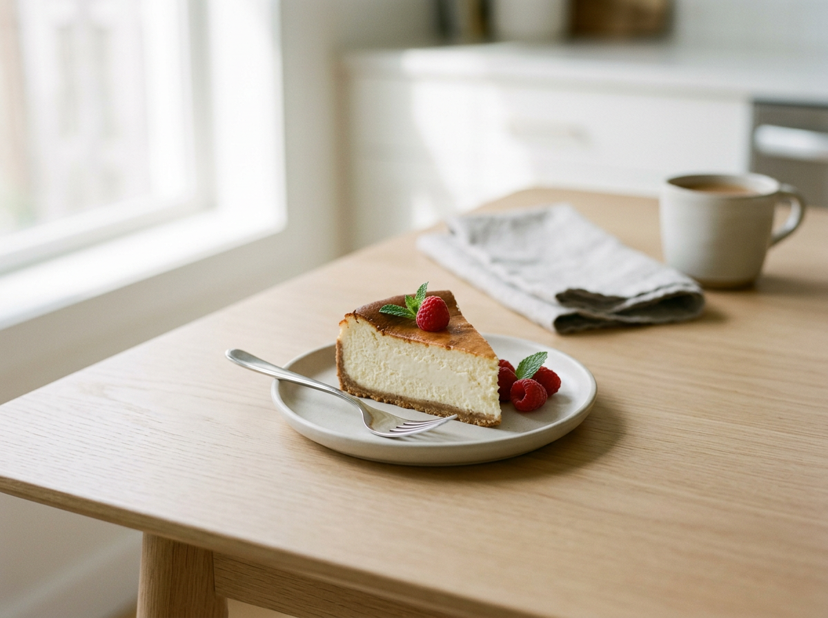 Slice of cheesecake garnished with raspberries and mint leaves on a white plate, with a fork, on a wooden table next to a cup of coffee and a cloth napkin.